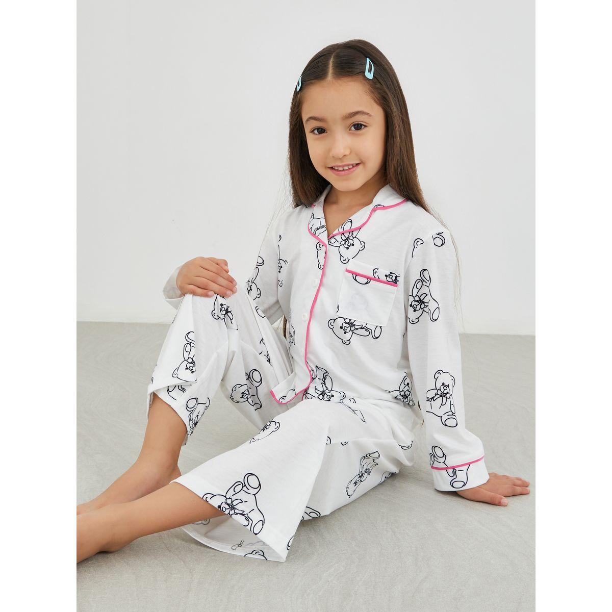 Styli Printed Buttoned Shirt and Pyjama Set-girls-clothing-nightwear-image-1