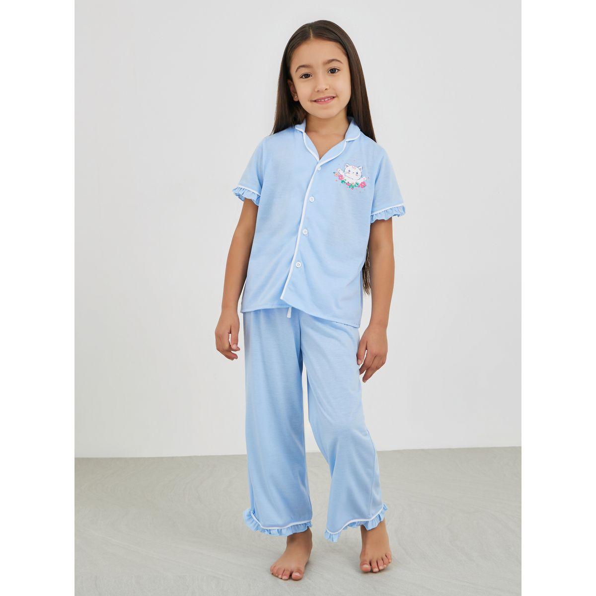 Styli Printed Buttoned Shirt and Pyjama Set-girls-clothing-nightwear-image-1