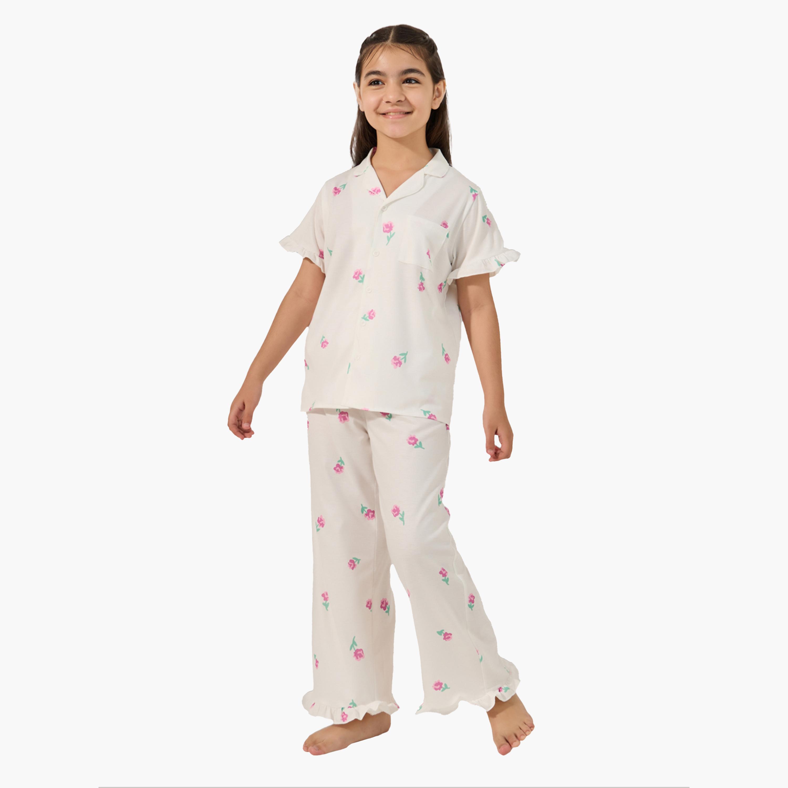 Styli Floral Printed Button Front Pyjama Set-girls-clothing-nightwear-image-1