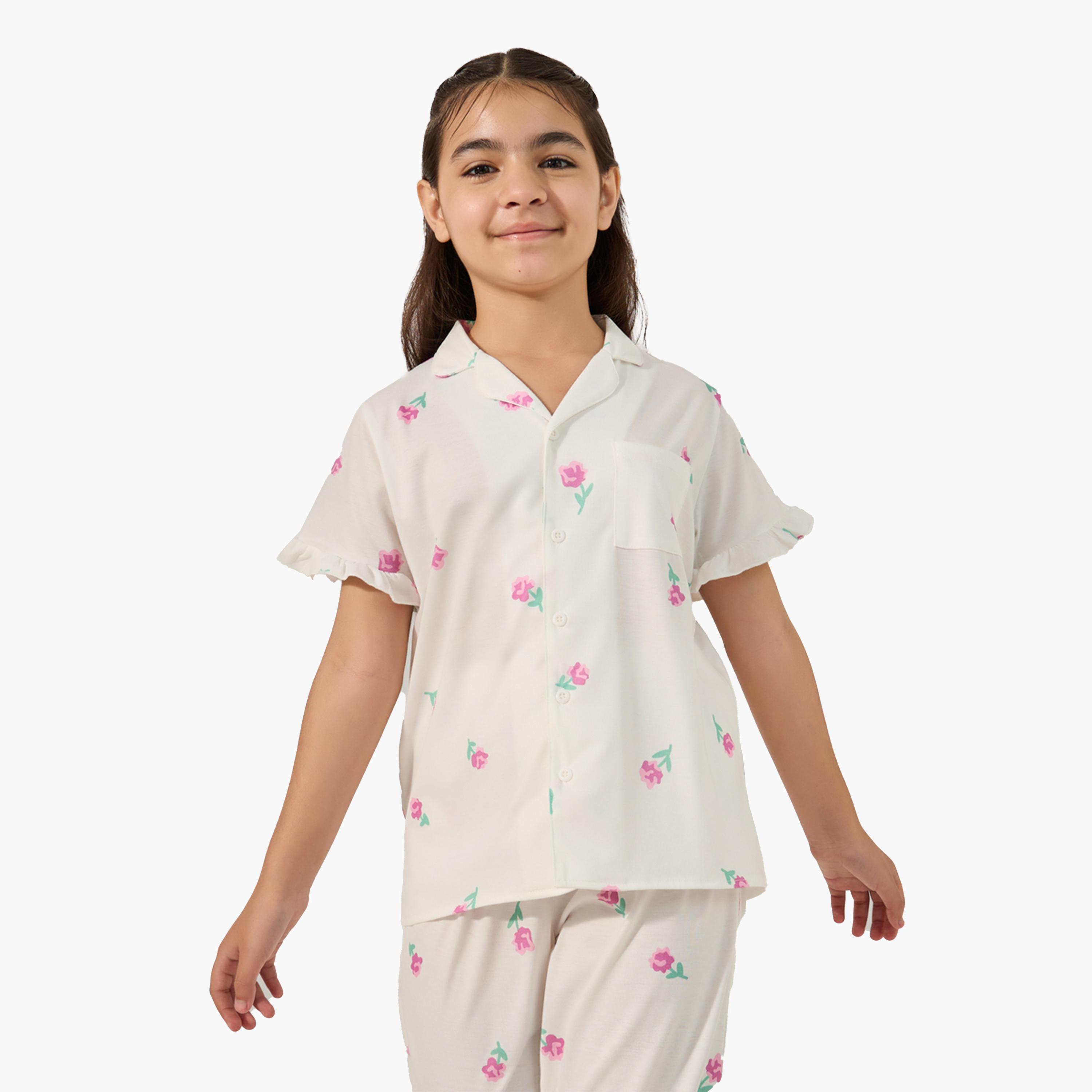 Styli Floral Printed Button Front Pyjama Set-girls-clothing-nightwear-image-2