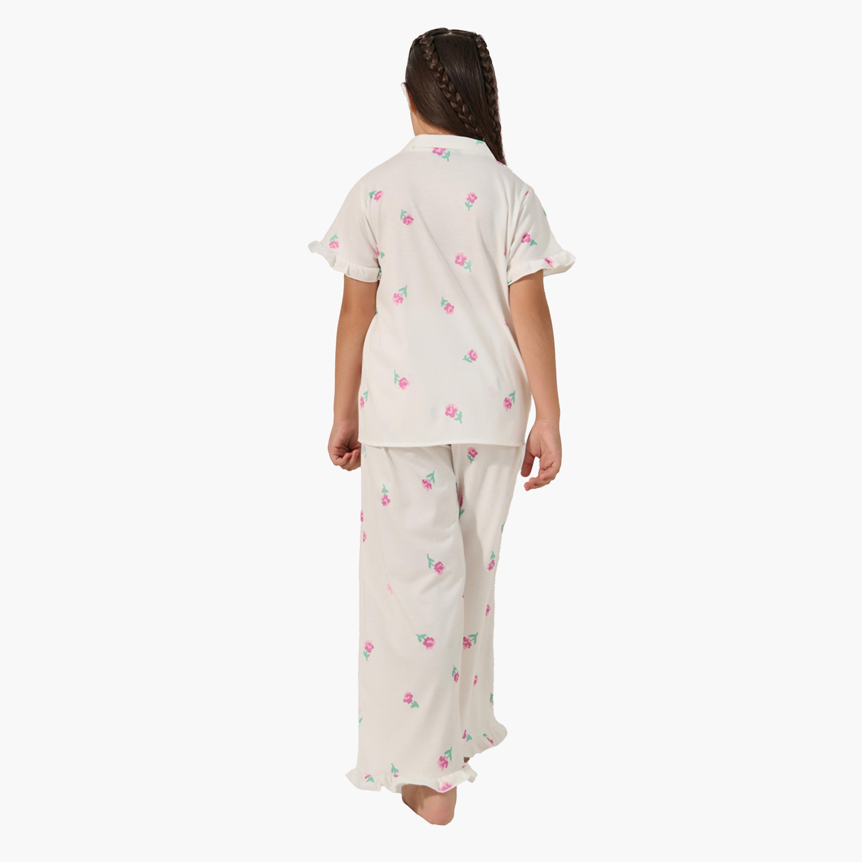 Styli Floral Printed Button Front Pyjama Set-girls-clothing-nightwear-image-5