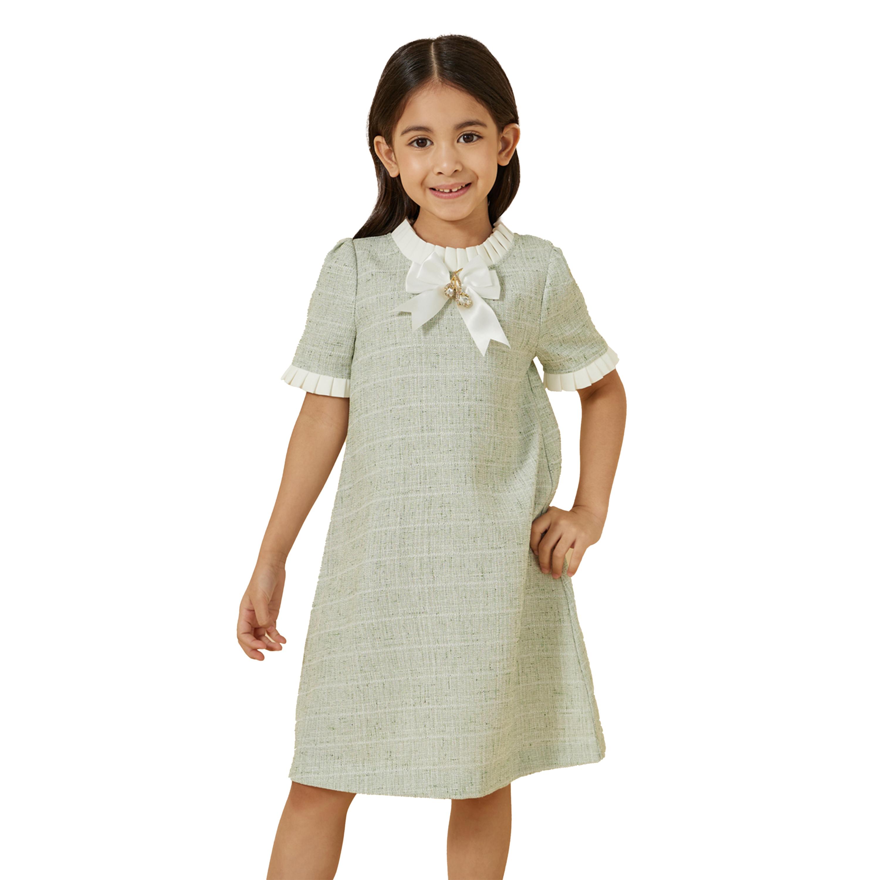 Styli Tweed Ruffle Trim Dress with Bow Detail-girls-clothing-dressesandjumpsuits-image-2
