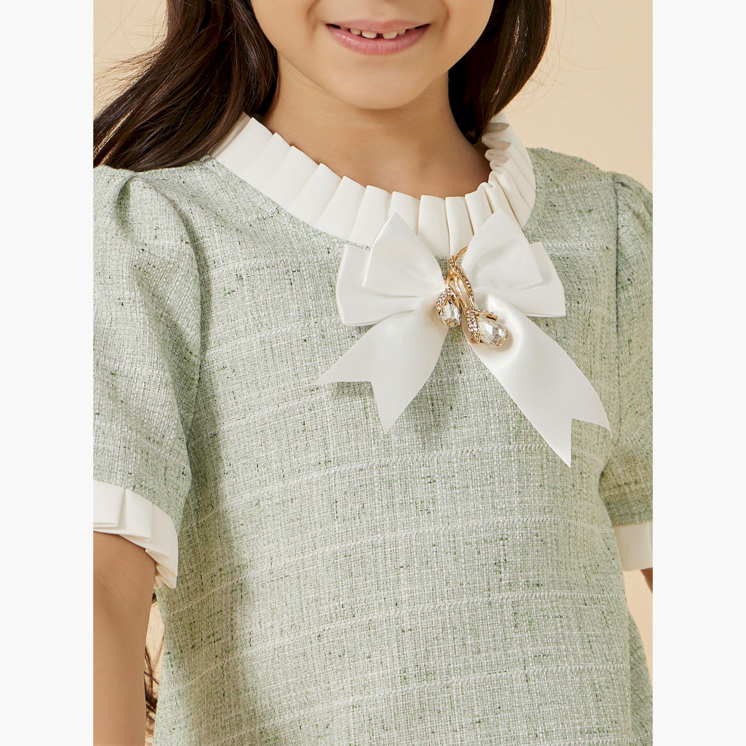 Styli Tweed Ruffle Trim Dress with Bow Detail-girls-clothing-dressesandjumpsuits-image-4