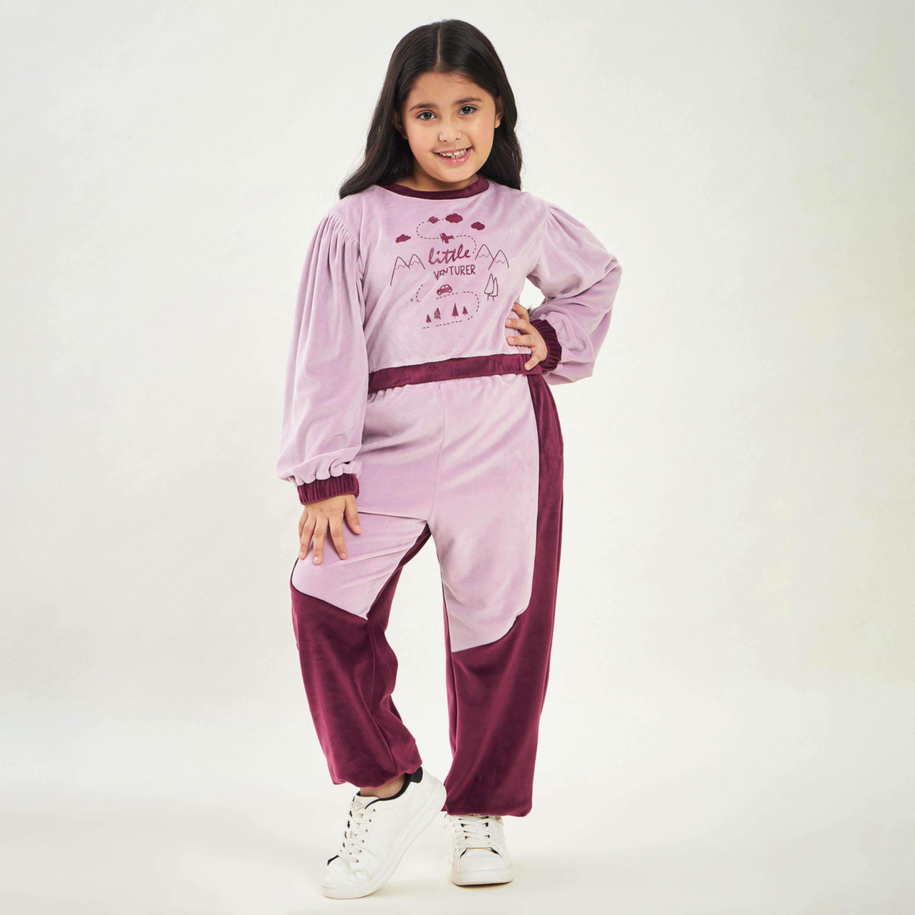 Stylo Bug X Styli Girls Ankle Length Placement print Sweat Shirt With Track Pant - Purple-girls-clothing-setsandcoords-image-1