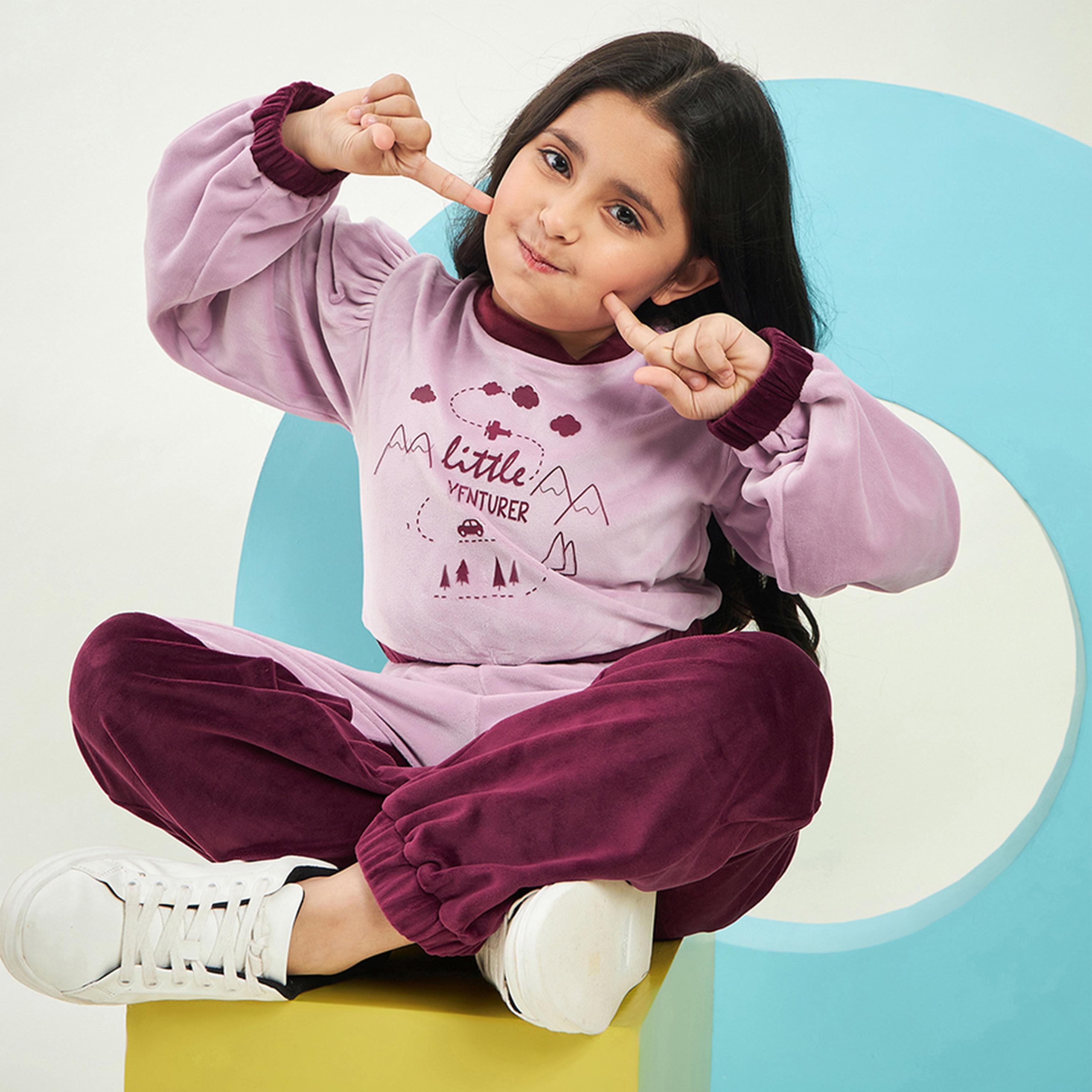Stylo Bug X Styli Girls Ankle Length Placement print Sweat Shirt With Track Pant - Purple-girls-clothing-setsandcoords-image-2