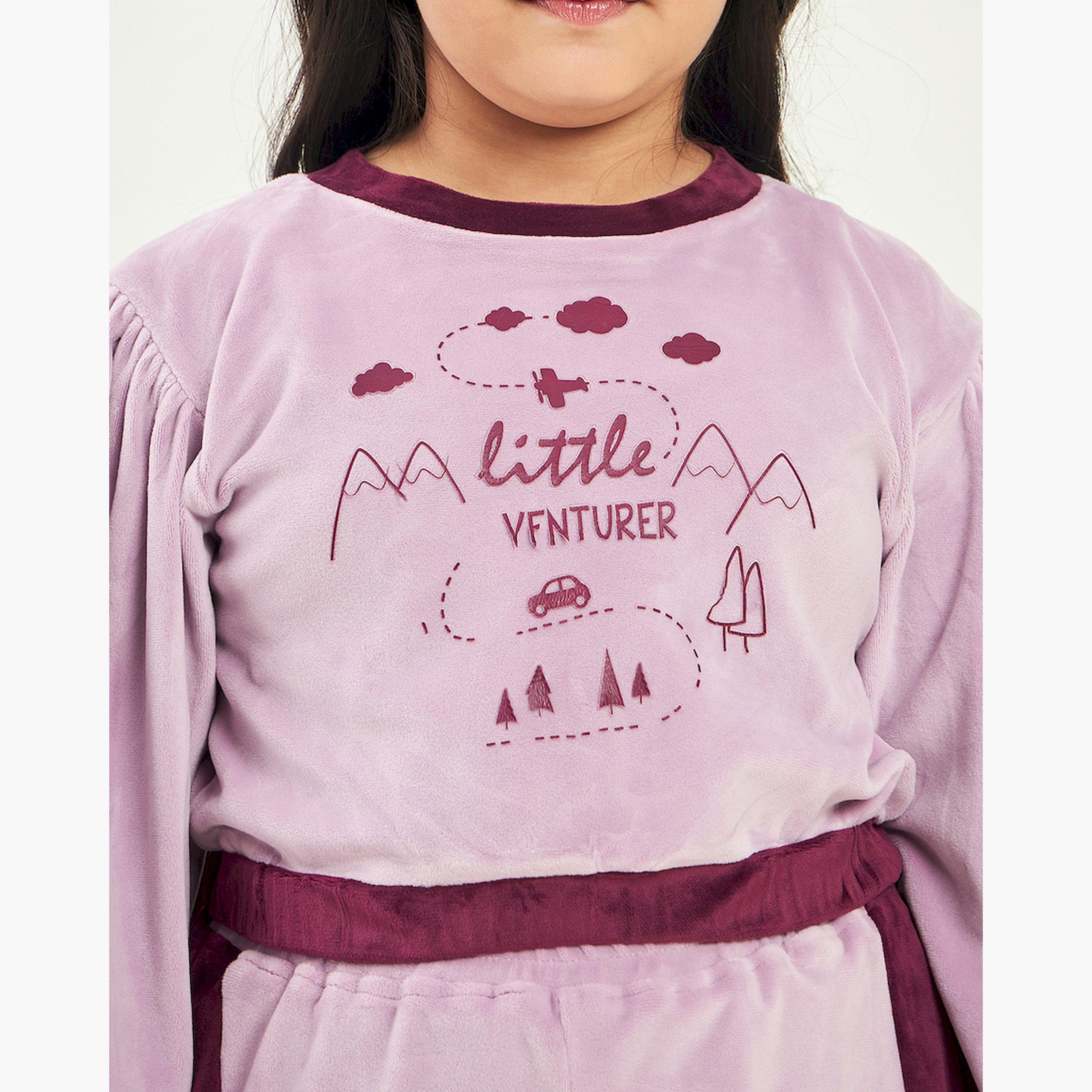 Stylo Bug X Styli Girls Ankle Length Placement print Sweat Shirt With Track Pant - Purple-girls-clothing-setsandcoords-image-6