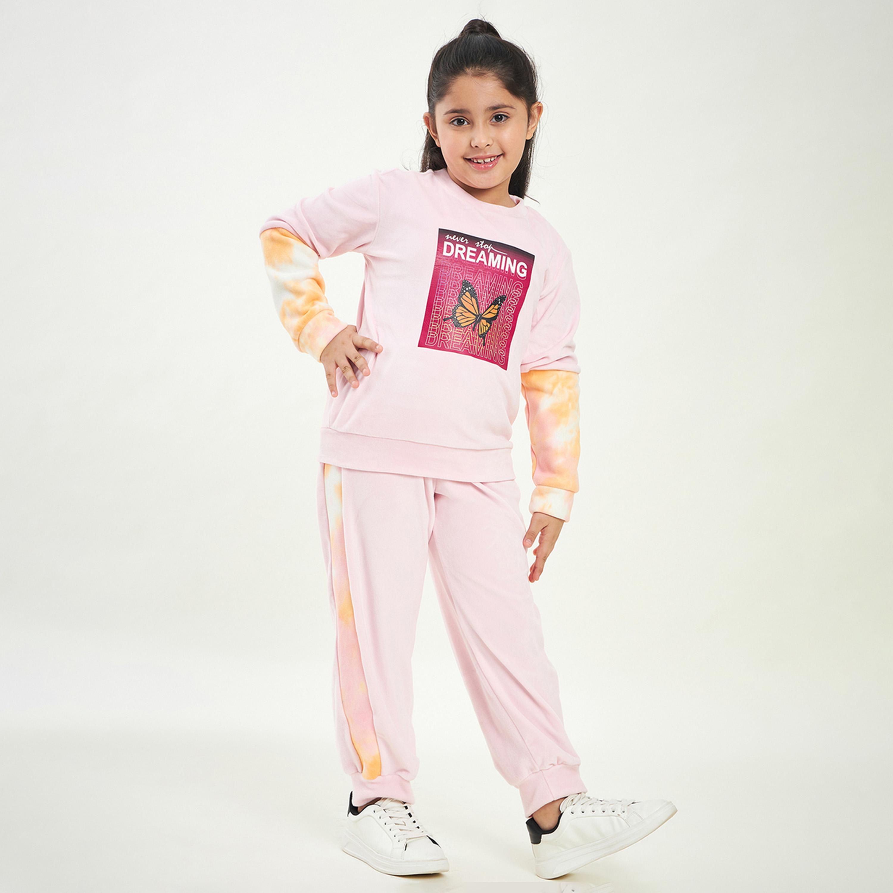 ستايلو باغ × ستايلي - سويت شيرت بناتي مطبوع مع بنطال رياضي - وردي-girls-clothing-setsandcoords-image-4
