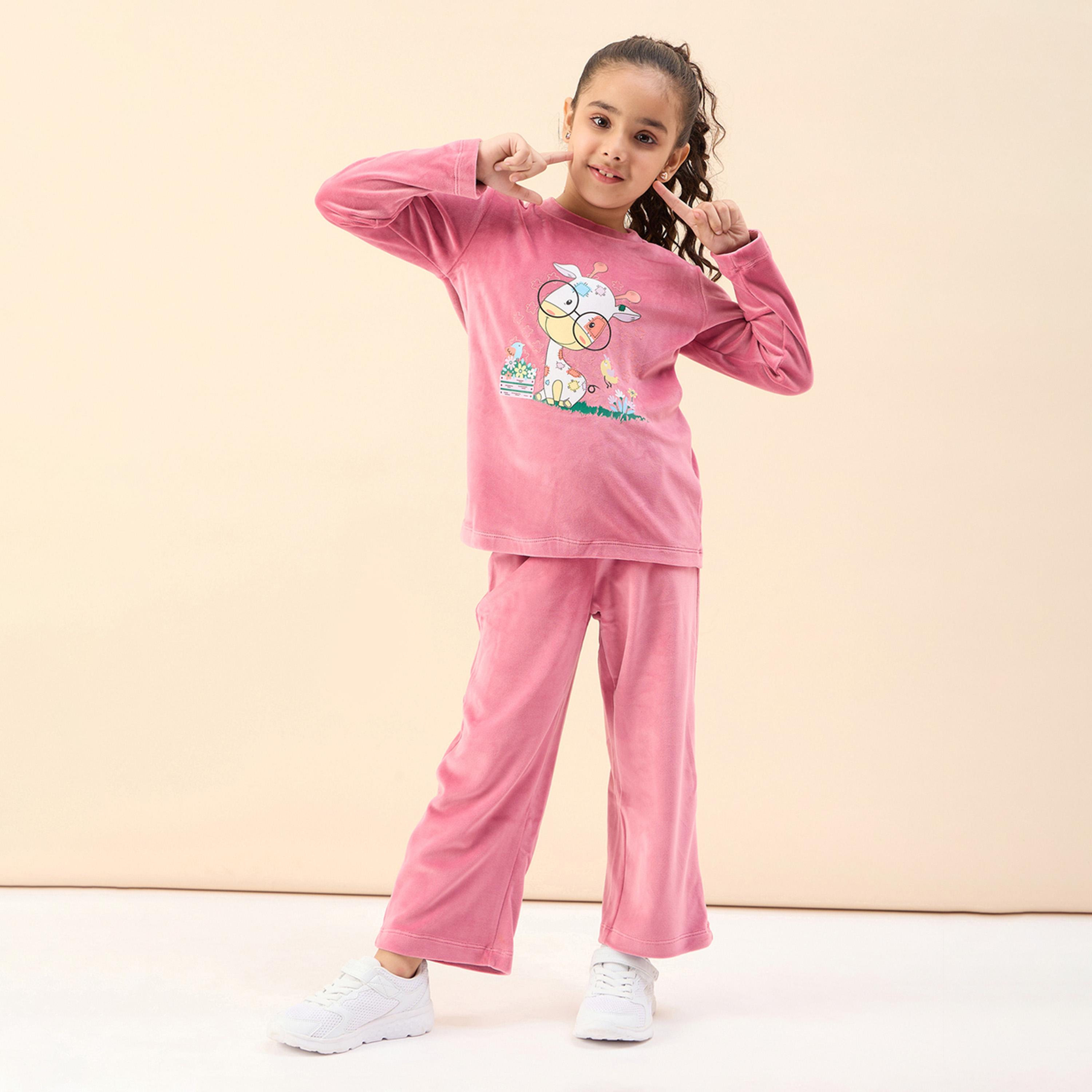 Stylo Bug X Styli Girls Ankle Length Placement print Sweat Shirt With Track Pant - Pink-girls-clothing-setsandcoords-image-1