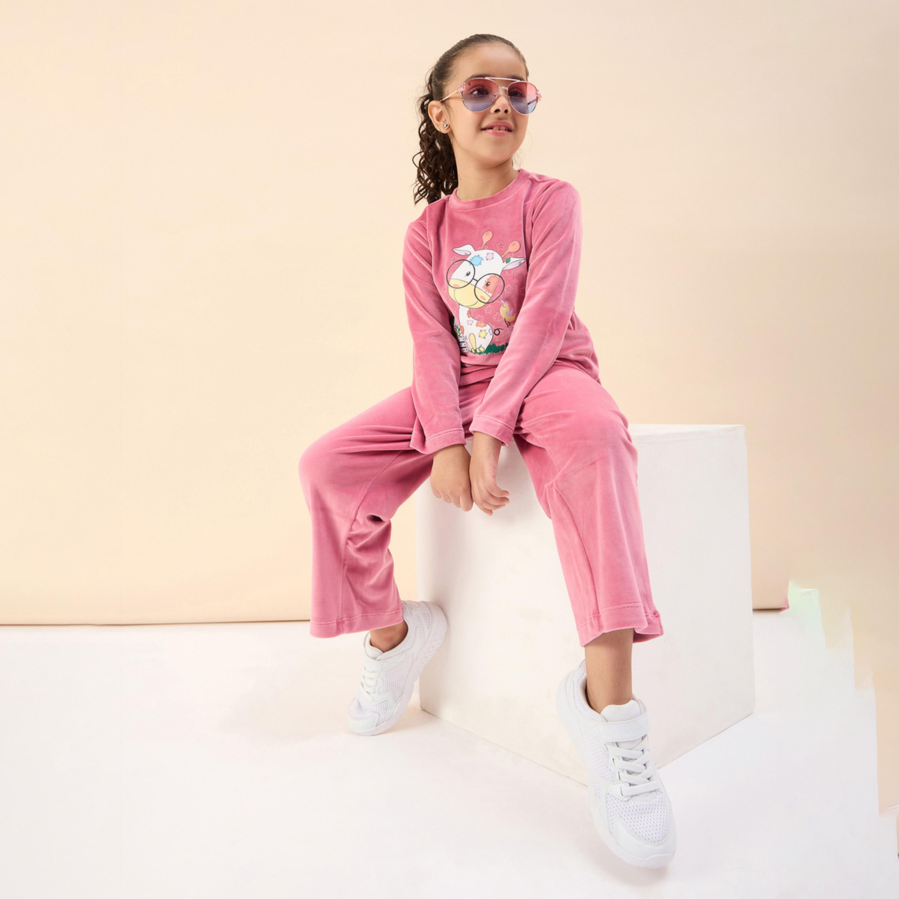 Stylo Bug X Styli Girls Ankle Length Placement print Sweat Shirt With Track Pant - Pink-girls-clothing-setsandcoords-image-2