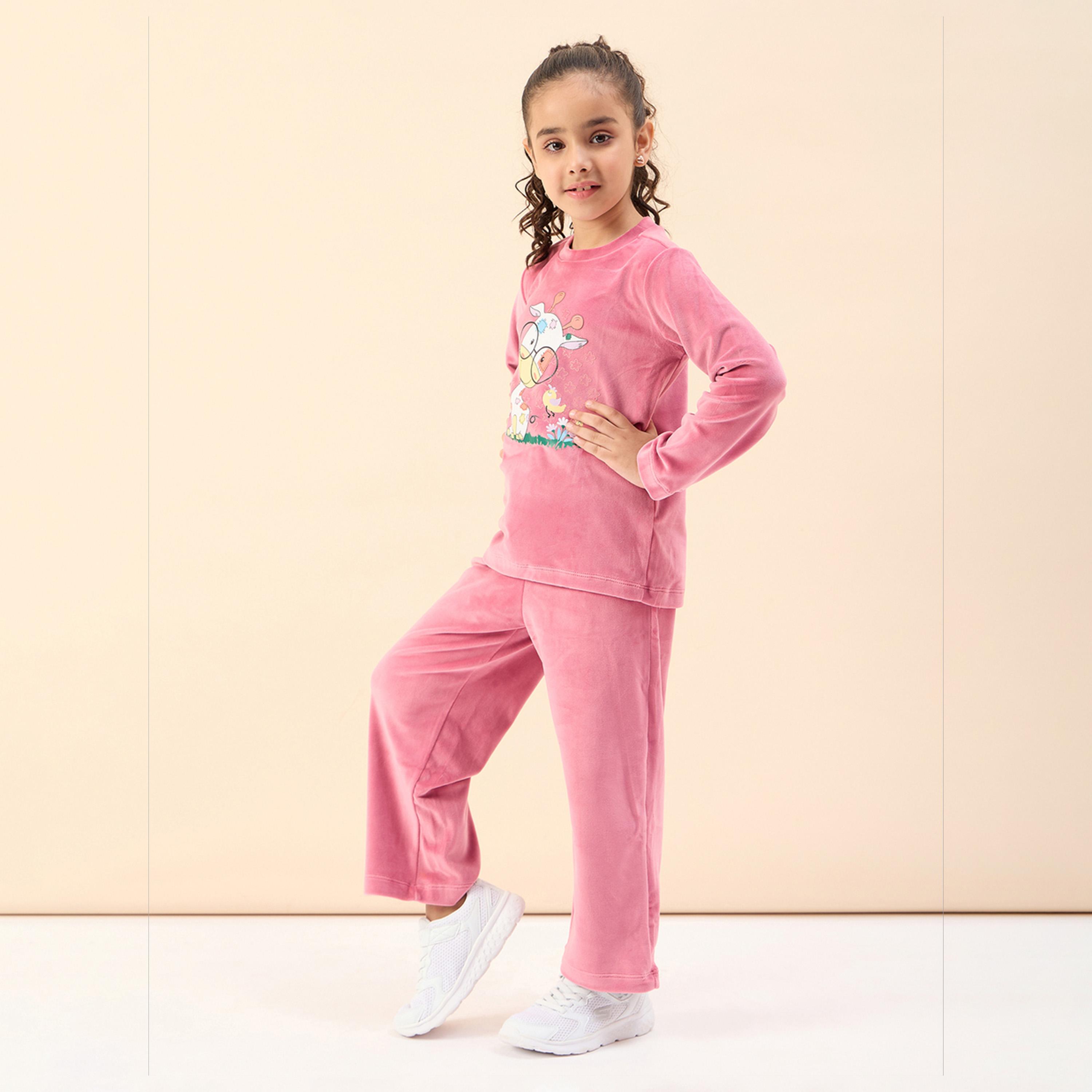 Stylo Bug X Styli Girls Ankle Length Placement print Sweat Shirt With Track Pant - Pink-girls-clothing-setsandcoords-image-3