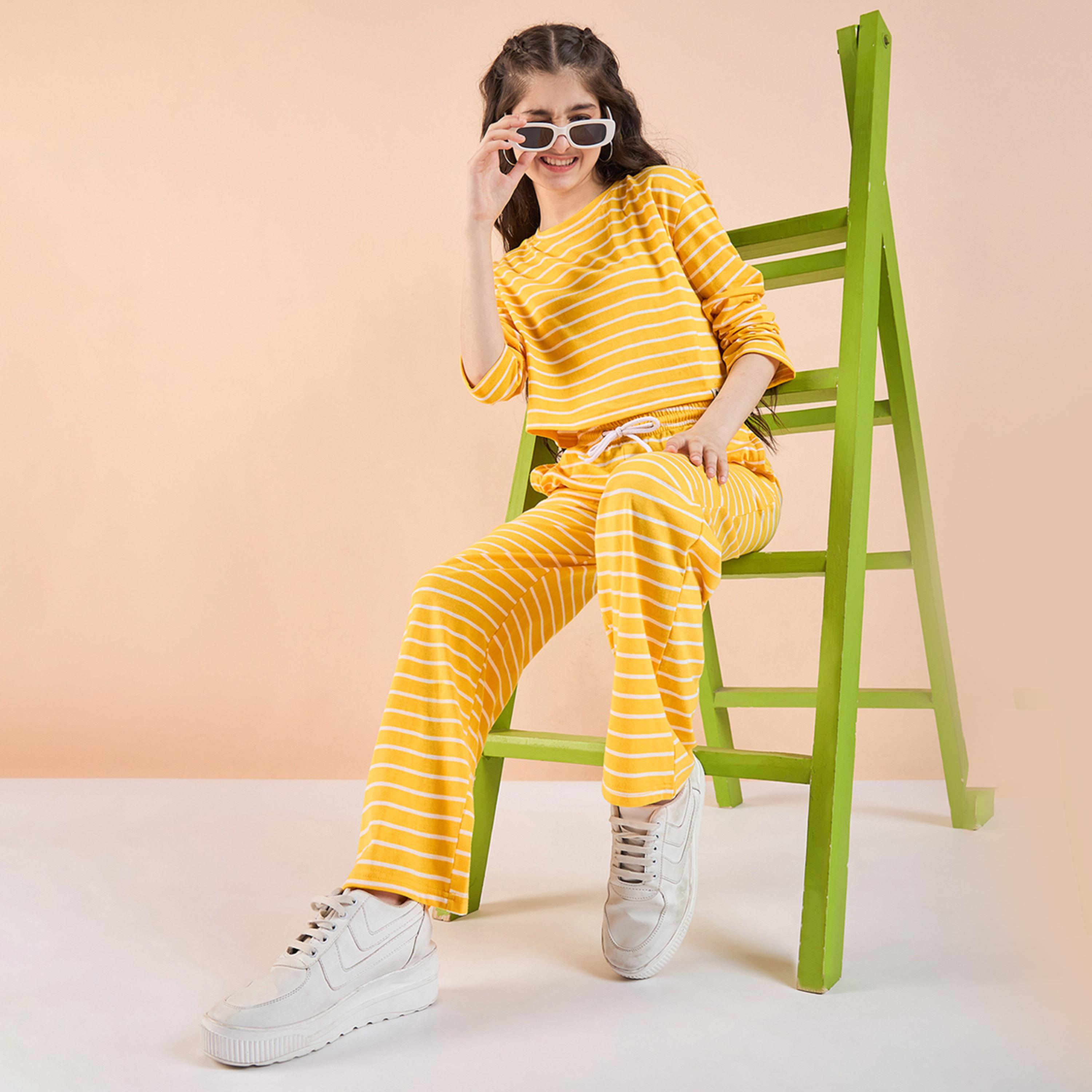 Stylo Bug X Styli Girls Ankle Length All over Print T-shirt With Track Pant - Yellow-girls-clothing-setsandcoords-image-1