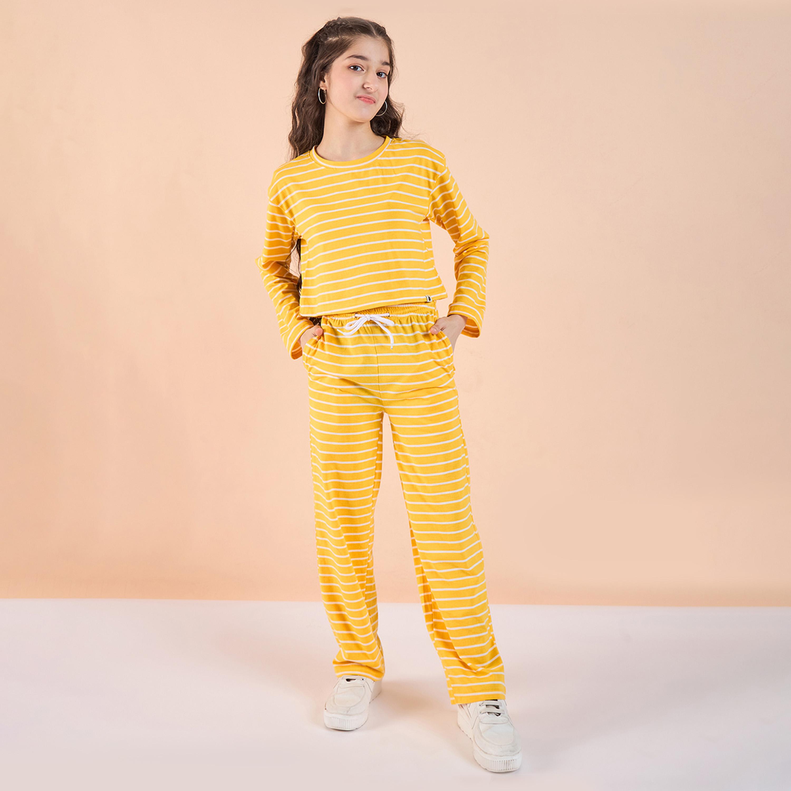 Stylo Bug X Styli Girls Ankle Length All over Print T-shirt With Track Pant - Yellow-girls-clothing-setsandcoords-image-2