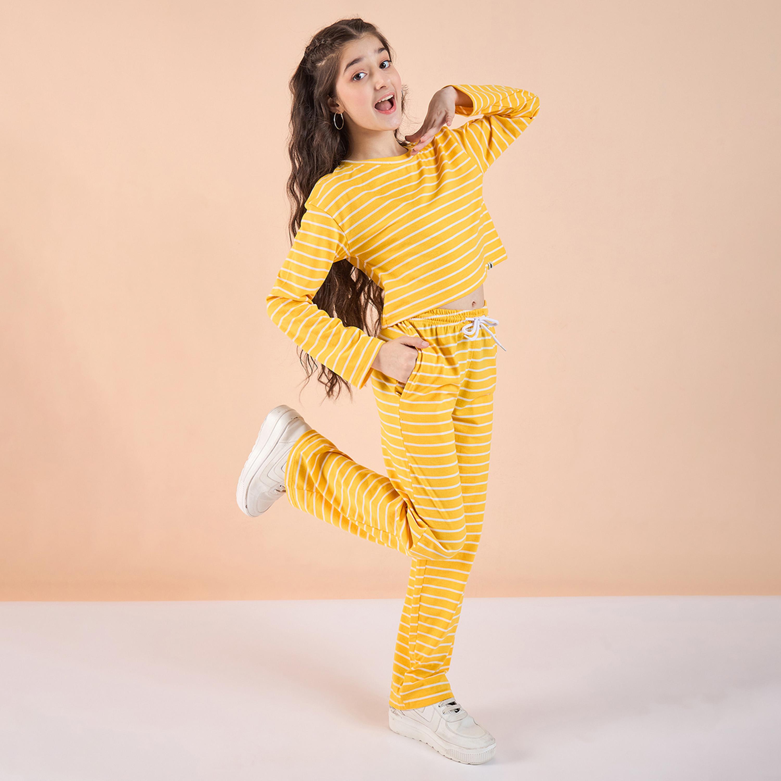 Stylo Bug X Styli Girls Ankle Length All over Print T-shirt With Track Pant - Yellow-girls-clothing-setsandcoords-image-4