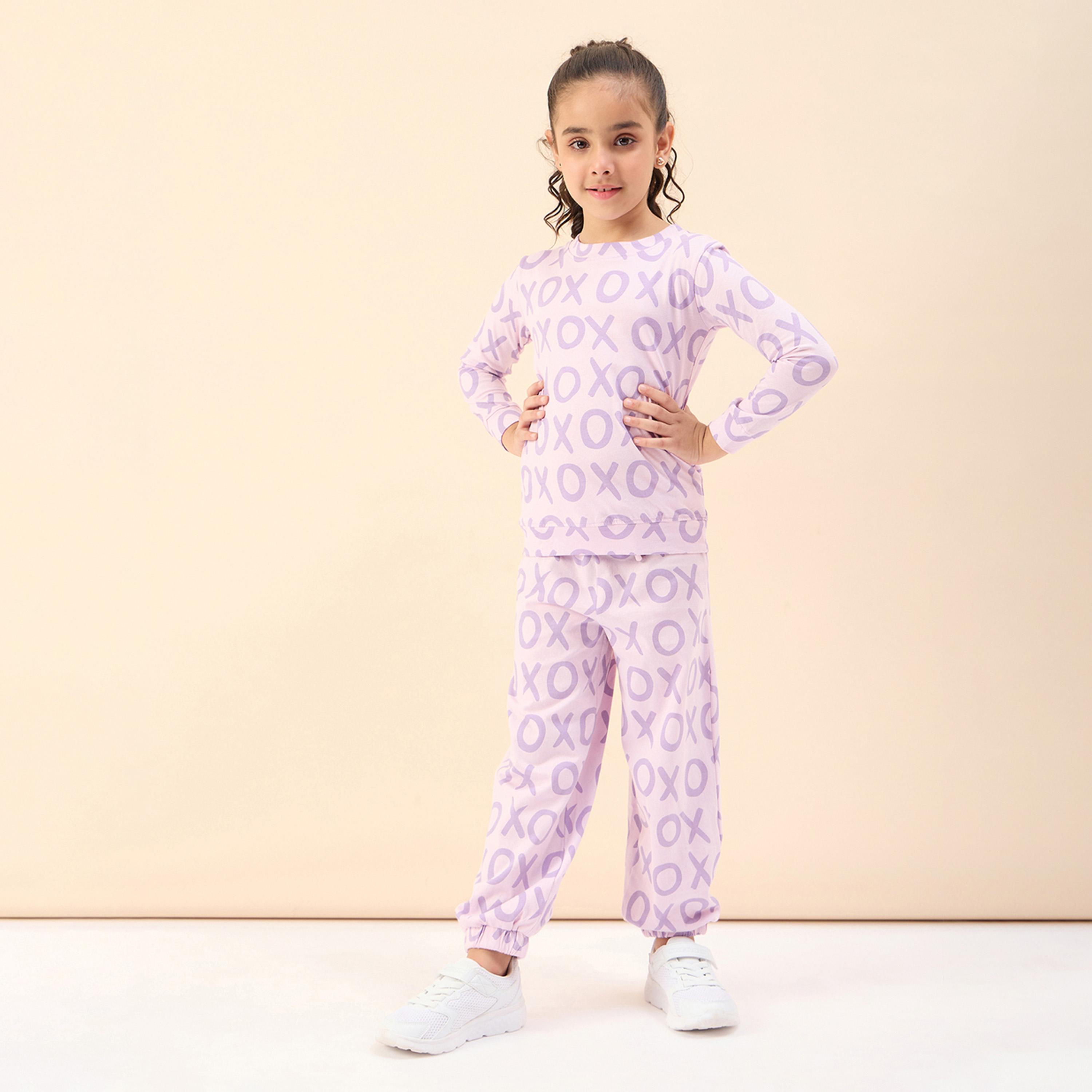 Stylo Bug X Styli Girls Ankle Length Printed T-shirt With Track Pant - Lavender-girls-clothing-setsandcoords-image-1