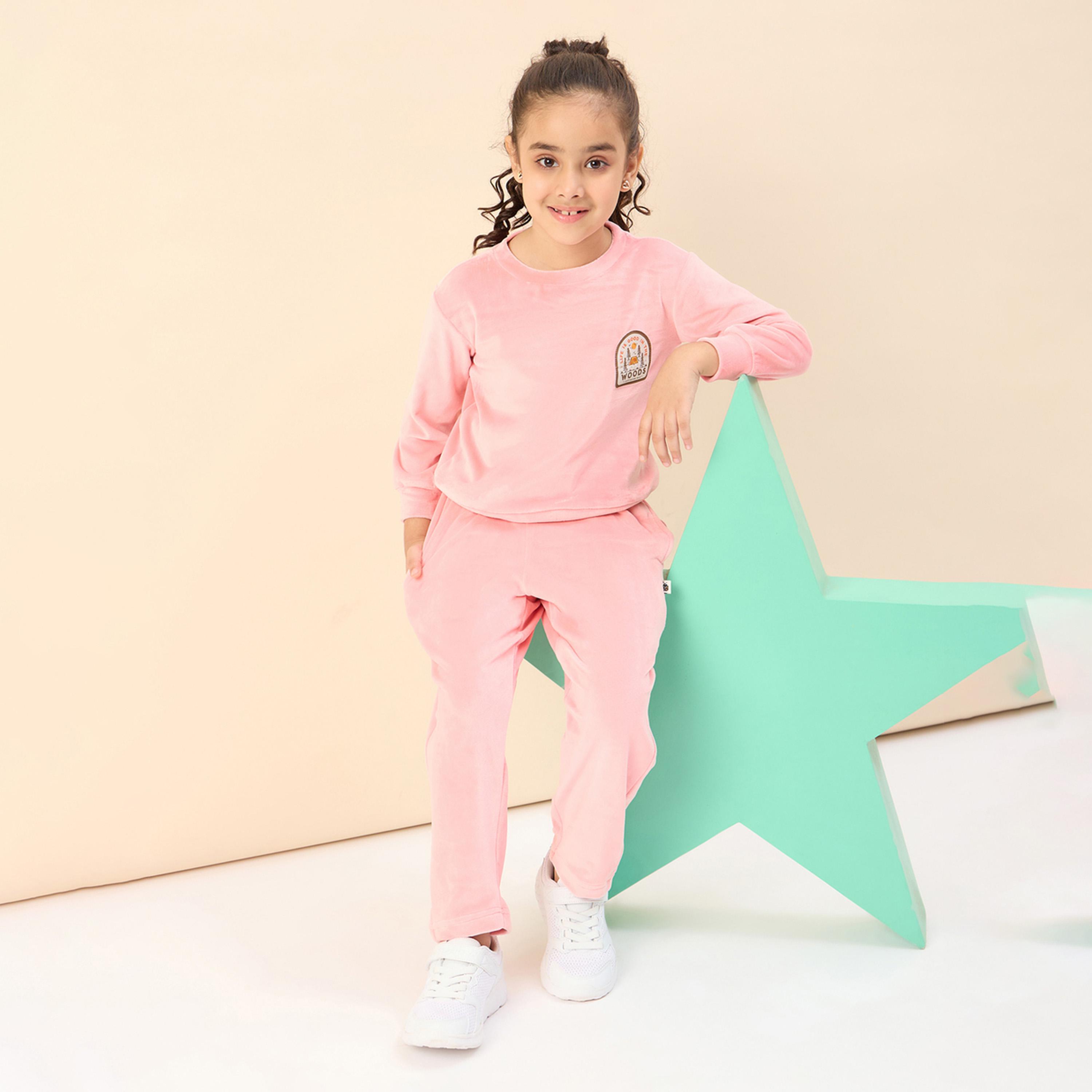ستايلو باغ × ستايلي - تي شيرت بناتي سادة مع بنطال رياضي بطول الكاحل - الخوخ-girls-clothing-setsandcoords-image-1