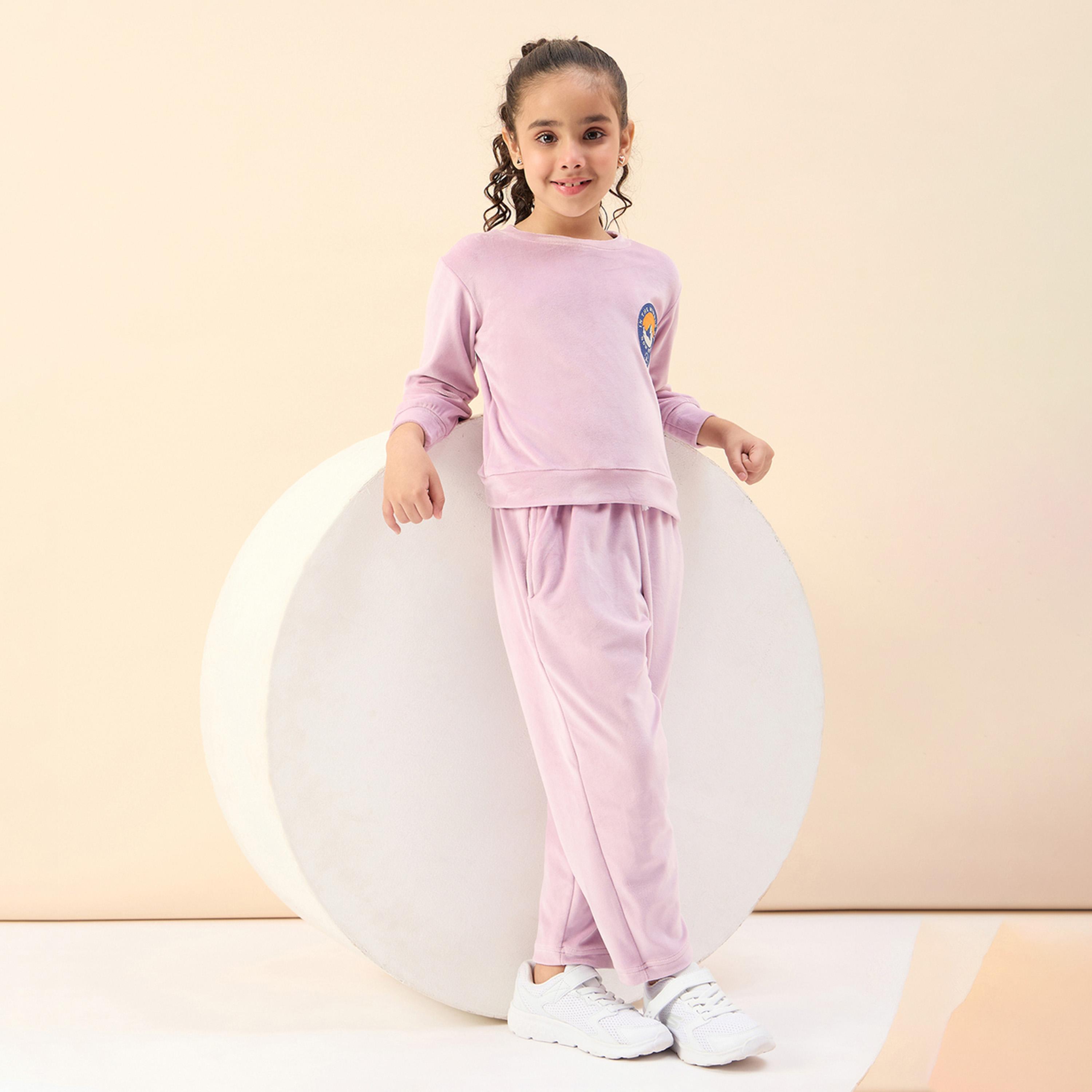 Stylo Bug X Styli Girls Ankle Length Solid T-shirt With Track Pant - Lavender-girls-clothing-setsandcoords-image-2