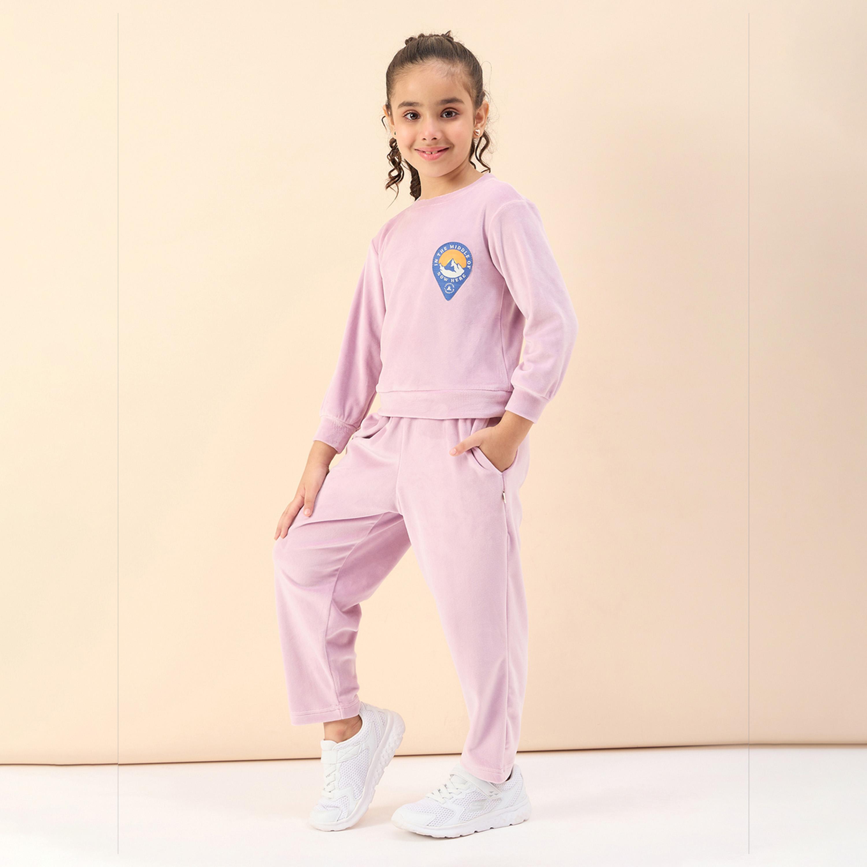 Stylo Bug X Styli Girls Ankle Length Solid T-shirt With Track Pant - Lavender-girls-clothing-setsandcoords-image-3