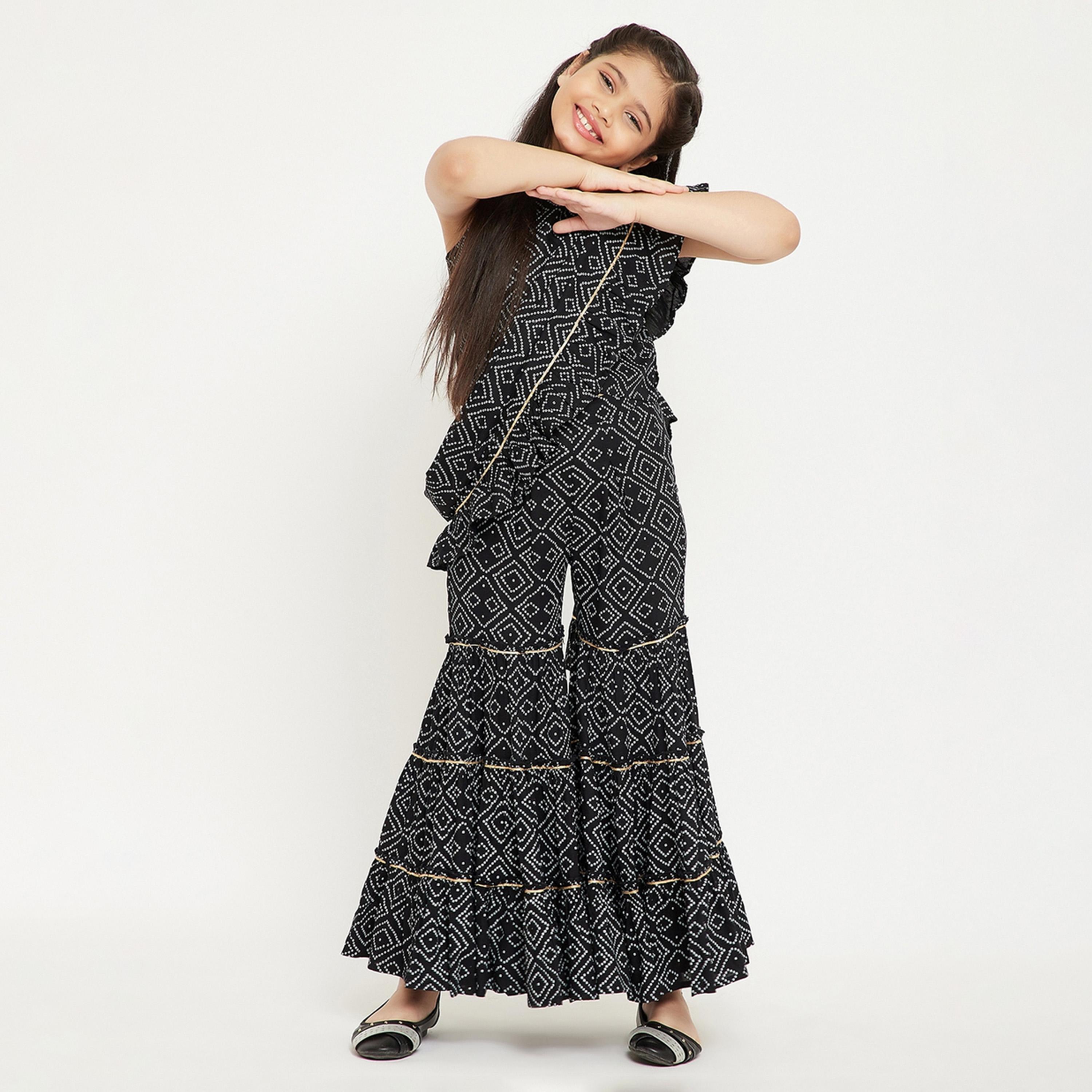 Stylo Bug X Styli Girls Ankle Length Printed Top with Sharara - Black-girls-clothing-setsandcoords-image-1