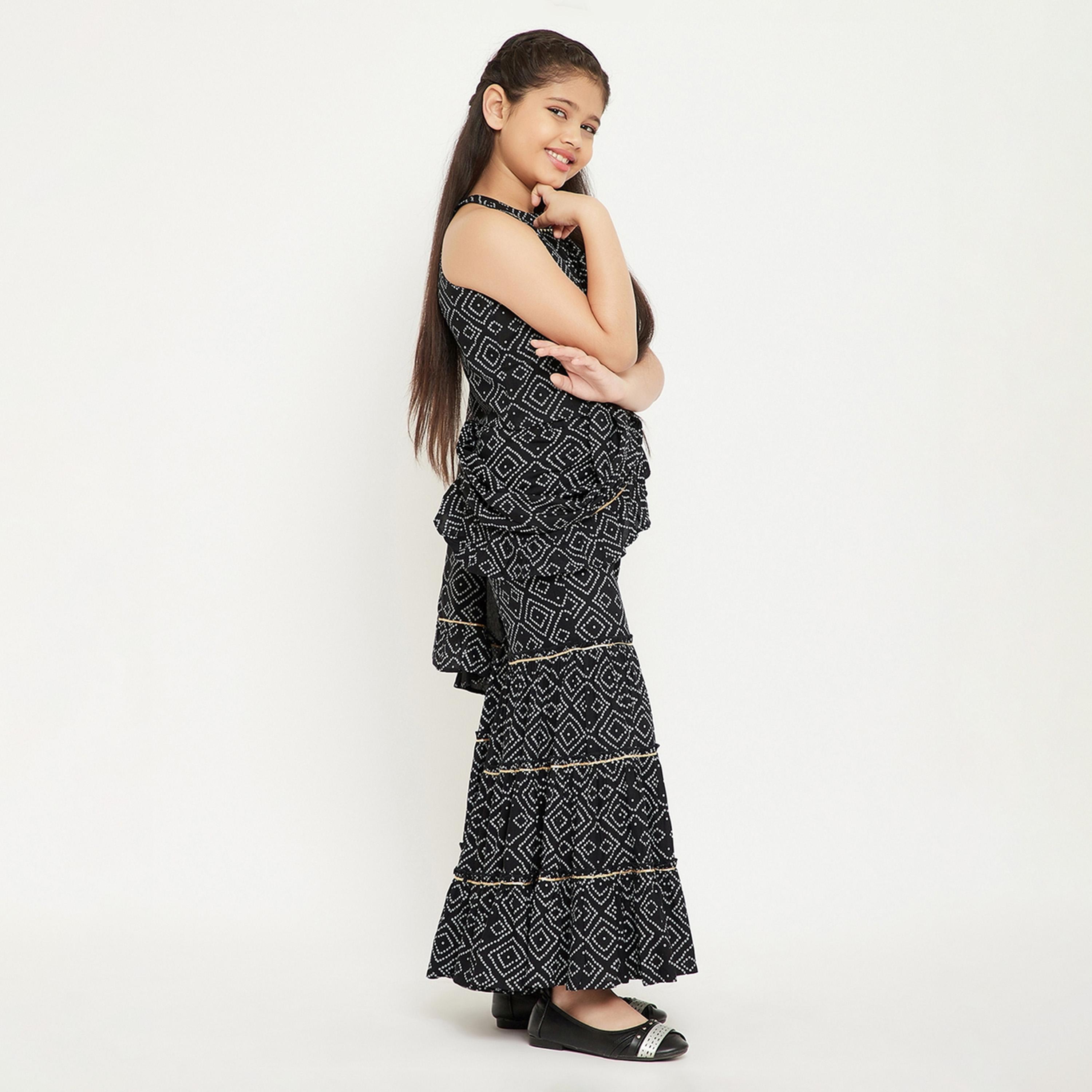 Stylo Bug X Styli Girls Ankle Length Printed Top with Sharara - Black-girls-clothing-setsandcoords-image-4