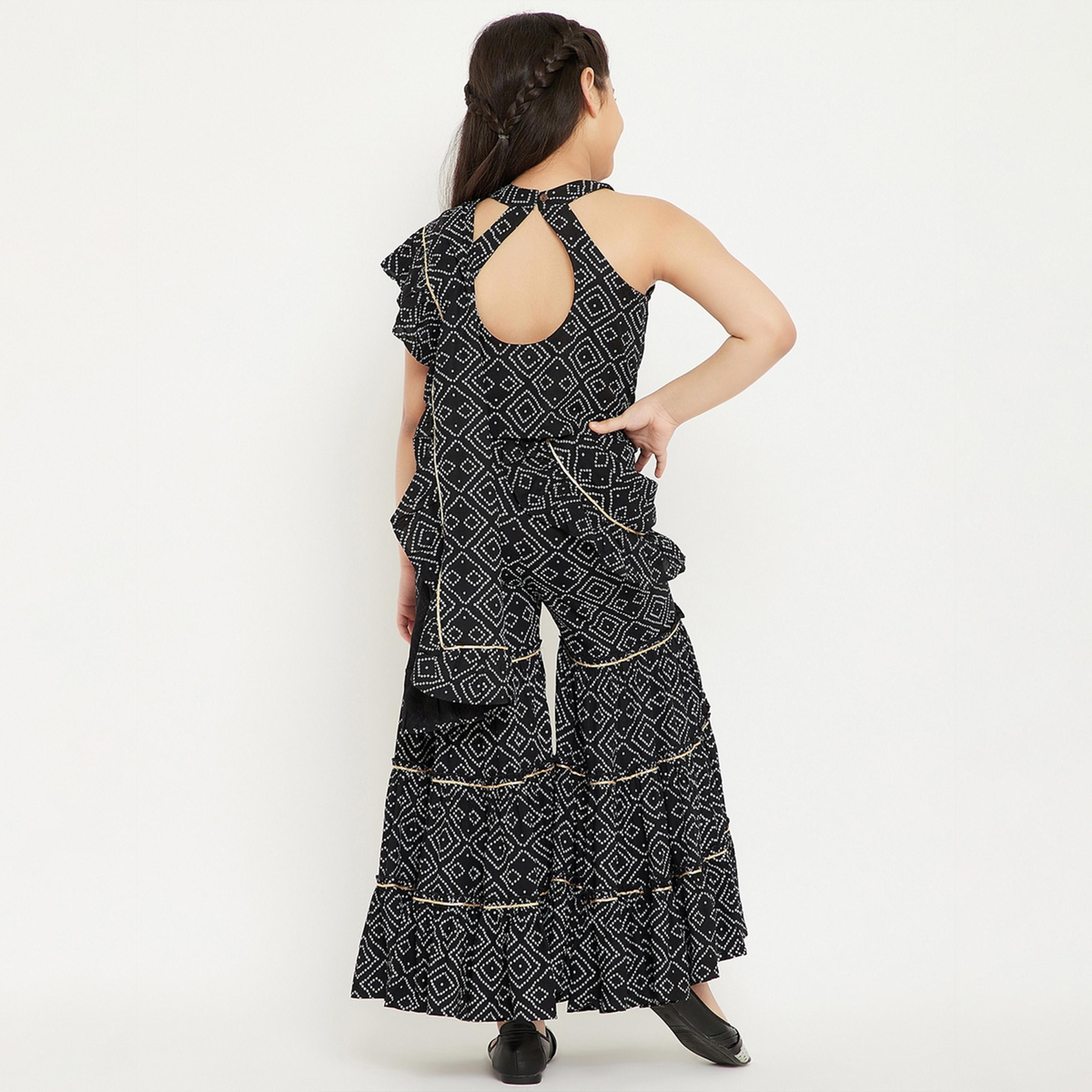 ستايلو باغ × ستايلي - بلوزة مطبوعة للبنات مع بنطال شرارا - أسود-girls-clothing-setsandcoords-image-5