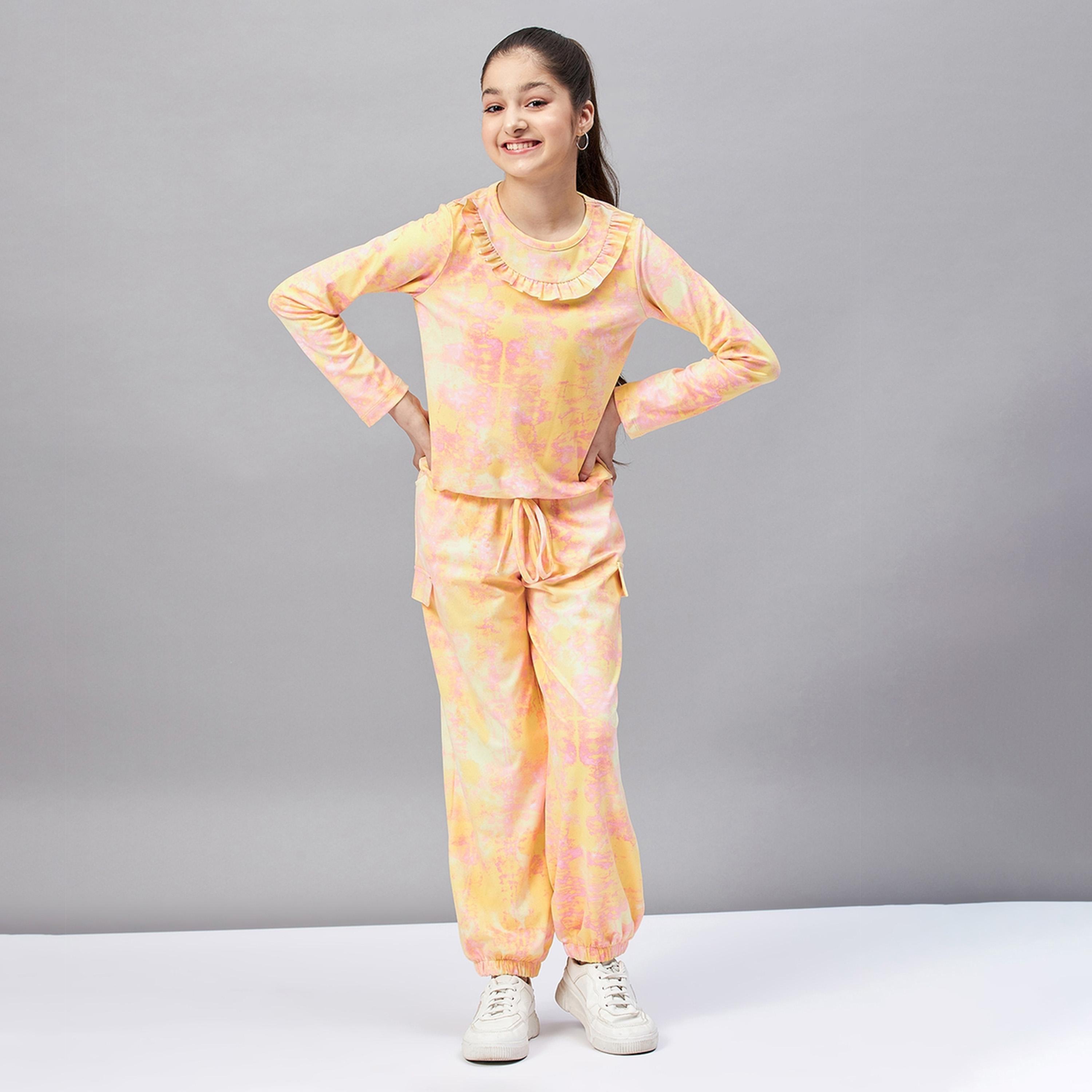 Stylo Bug X Styli Girls Ankle Length Printed Sweat Shirt With Track Pant - Yellow-girls-clothing-setsandcoords-image-1