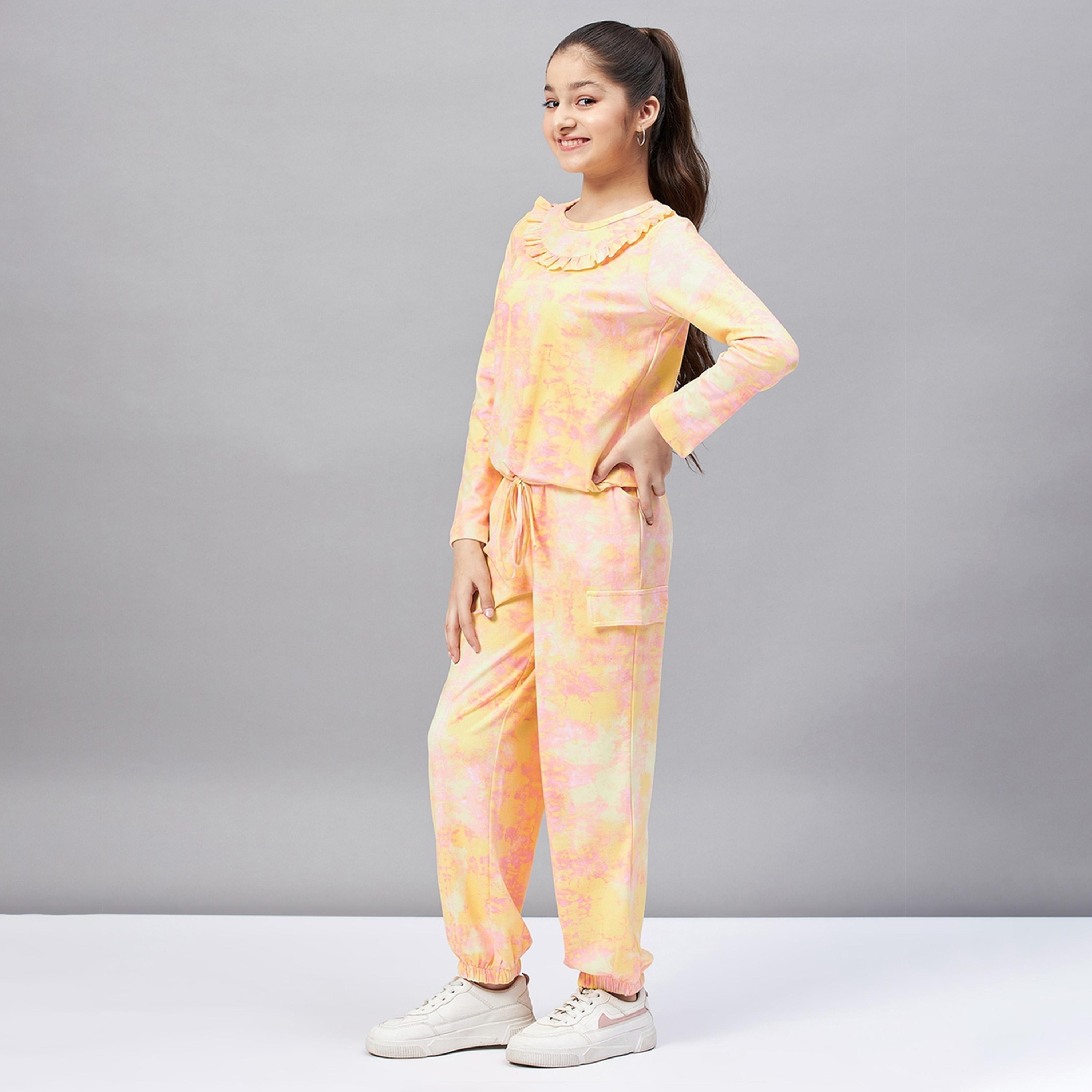 Stylo Bug X Styli Girls Ankle Length Printed Sweat Shirt With Track Pant - Yellow-girls-clothing-setsandcoords-image-3