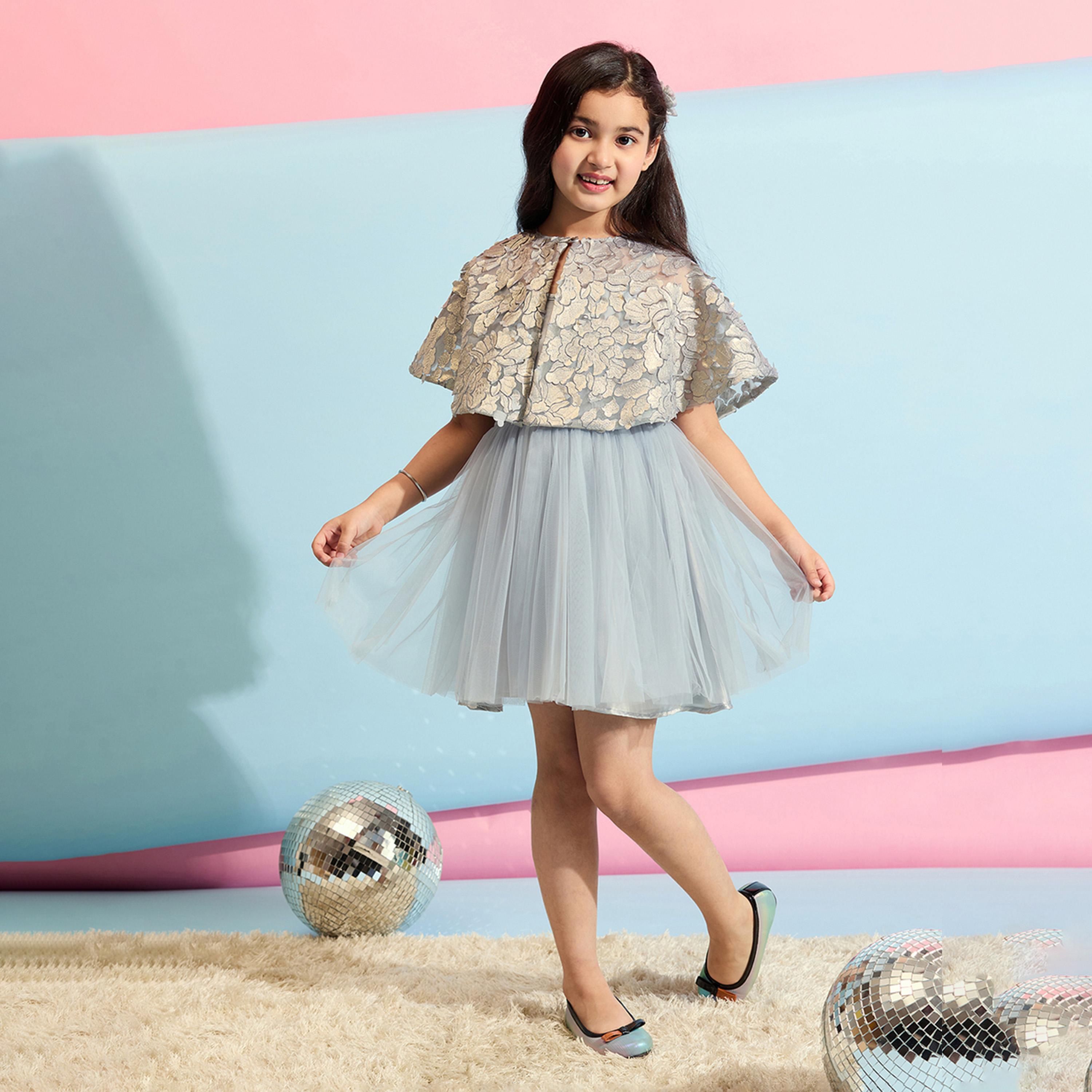 Stylo Bug X Styli Girls Above Knee Solid Dress - Grey-girls-clothing-dressesandjumpsuits-image-1
