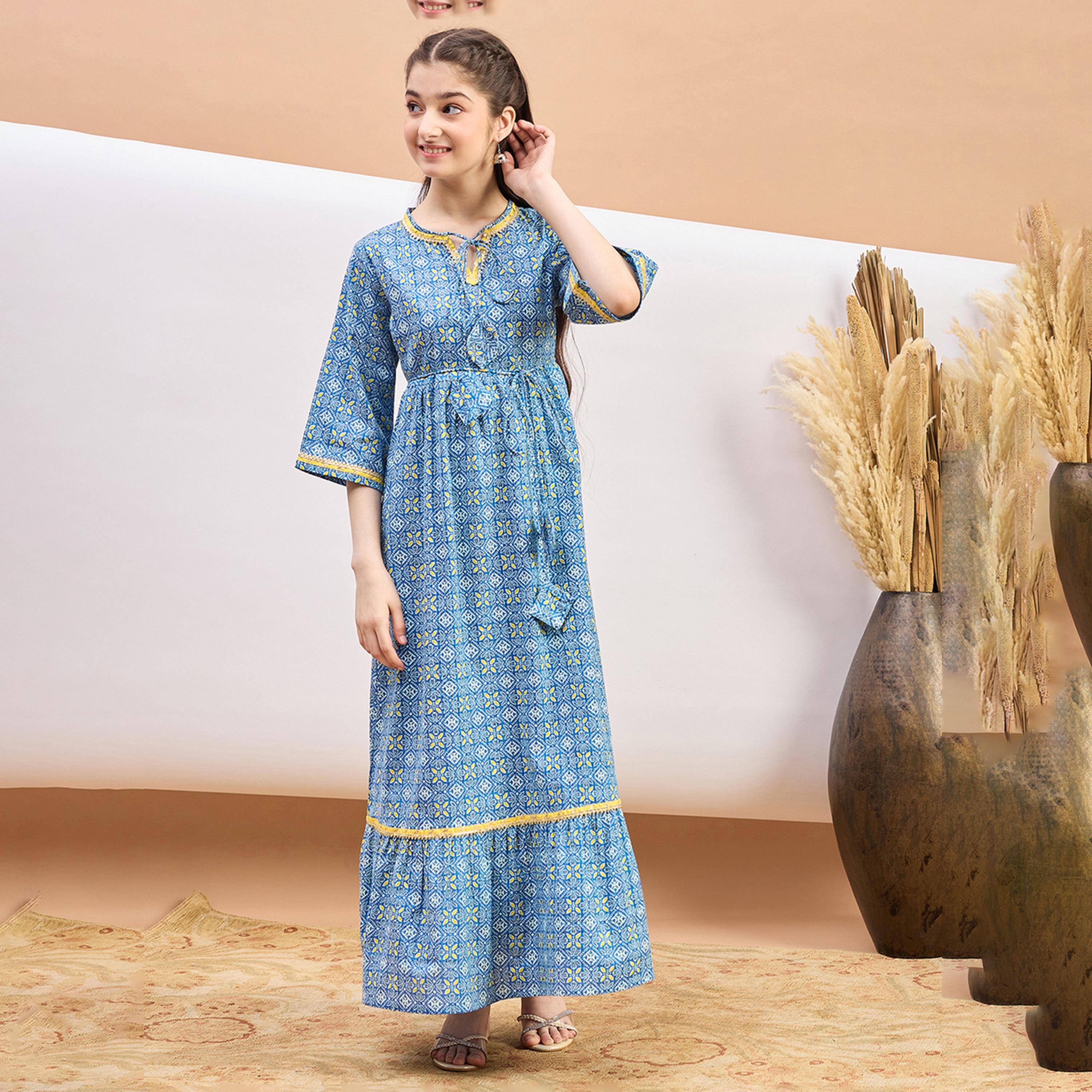Stylo Bug X Styli Girls Ankle Length Printed Dress - Blue-girls-clothing-dressesandjumpsuits-image-1