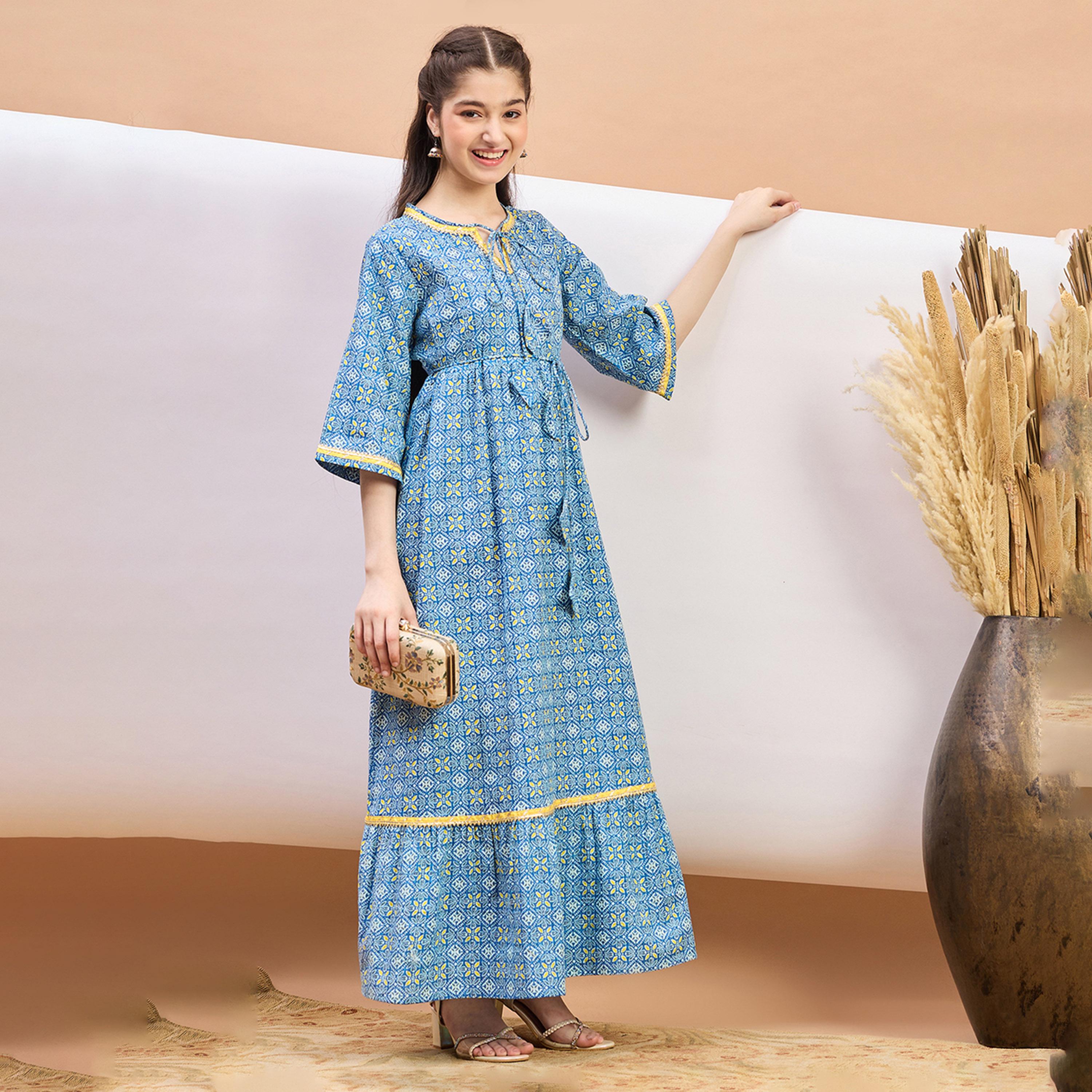 Stylo Bug X Styli Girls Ankle Length Printed Dress - Blue-girls-clothing-dressesandjumpsuits-image-2