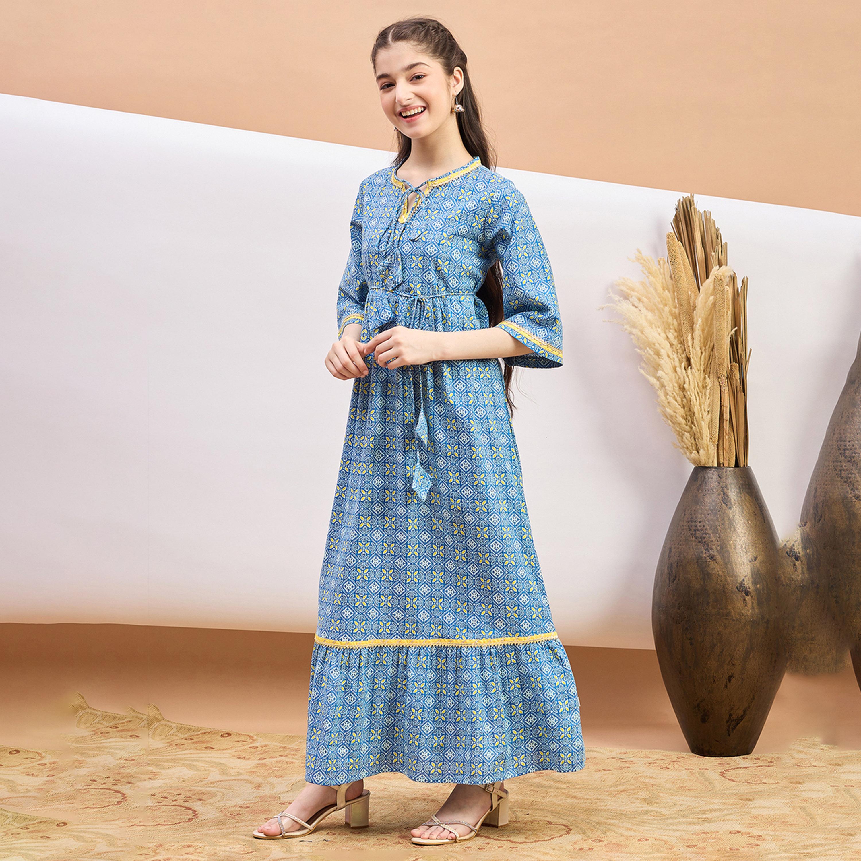 Stylo Bug X Styli Girls Ankle Length Printed Dress - Blue-girls-clothing-dressesandjumpsuits-image-3