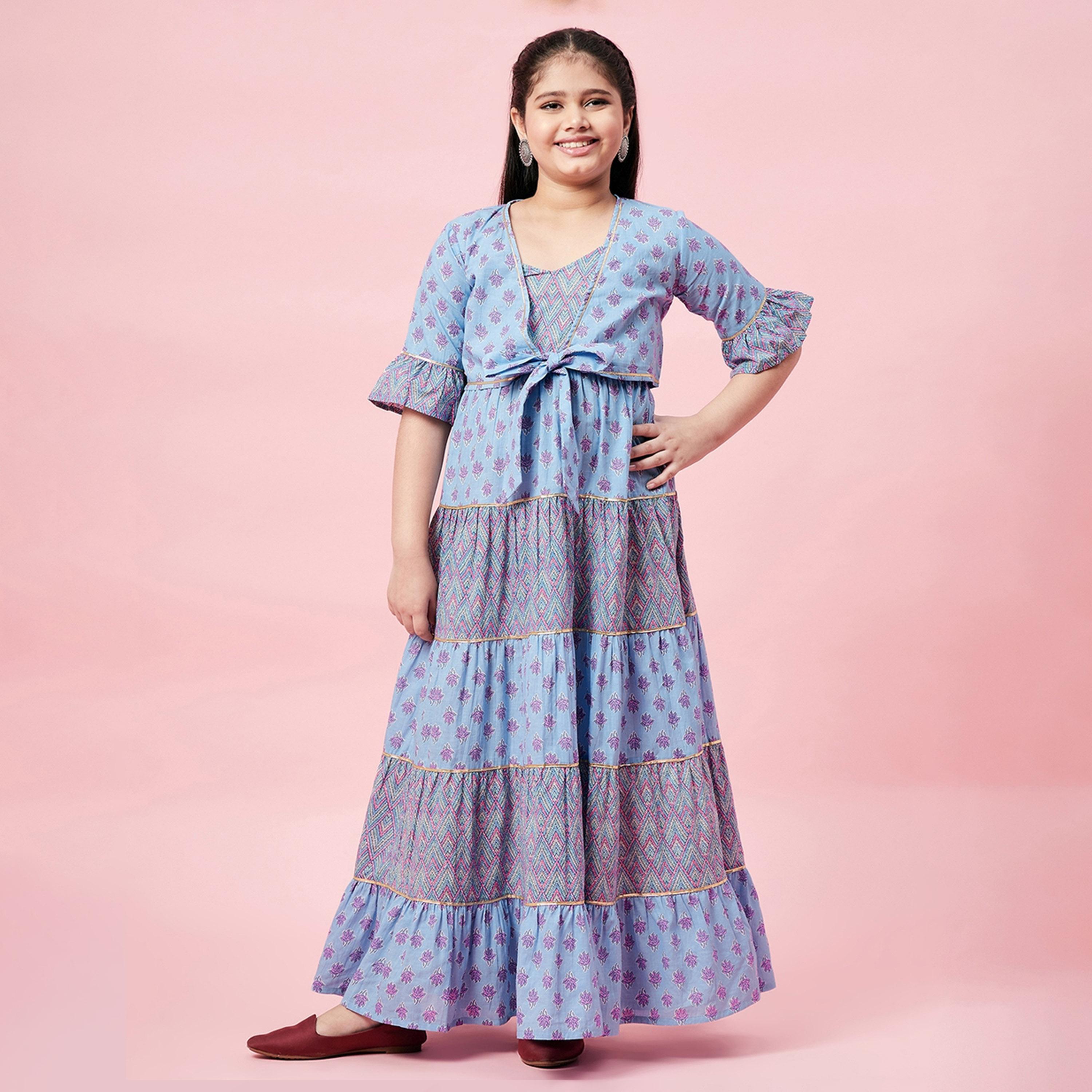 Stylo Bug X Styli Girls Ankle Length Printed Dress - Blue-girls-clothing-dressesandjumpsuits-image-1