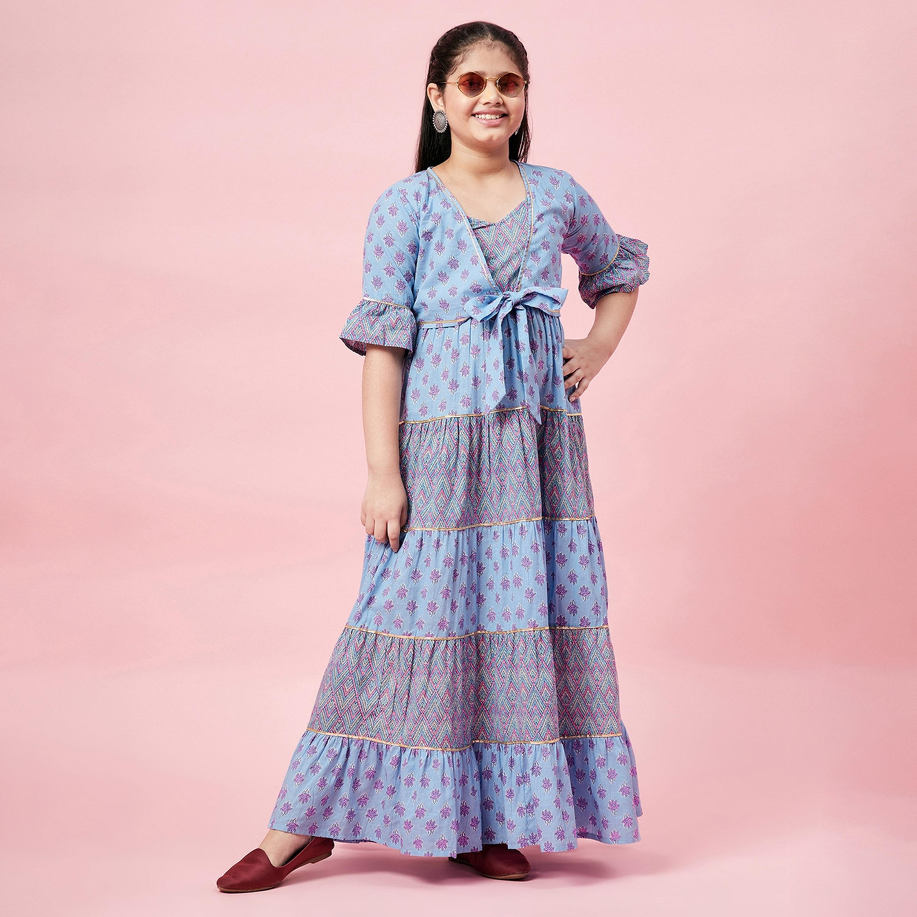 ستايلو باغ × ستايلي - فستان بناتي مطبوع بطول الكاحل - أزرق-girls-clothing-dressesandjumpsuits-image-2