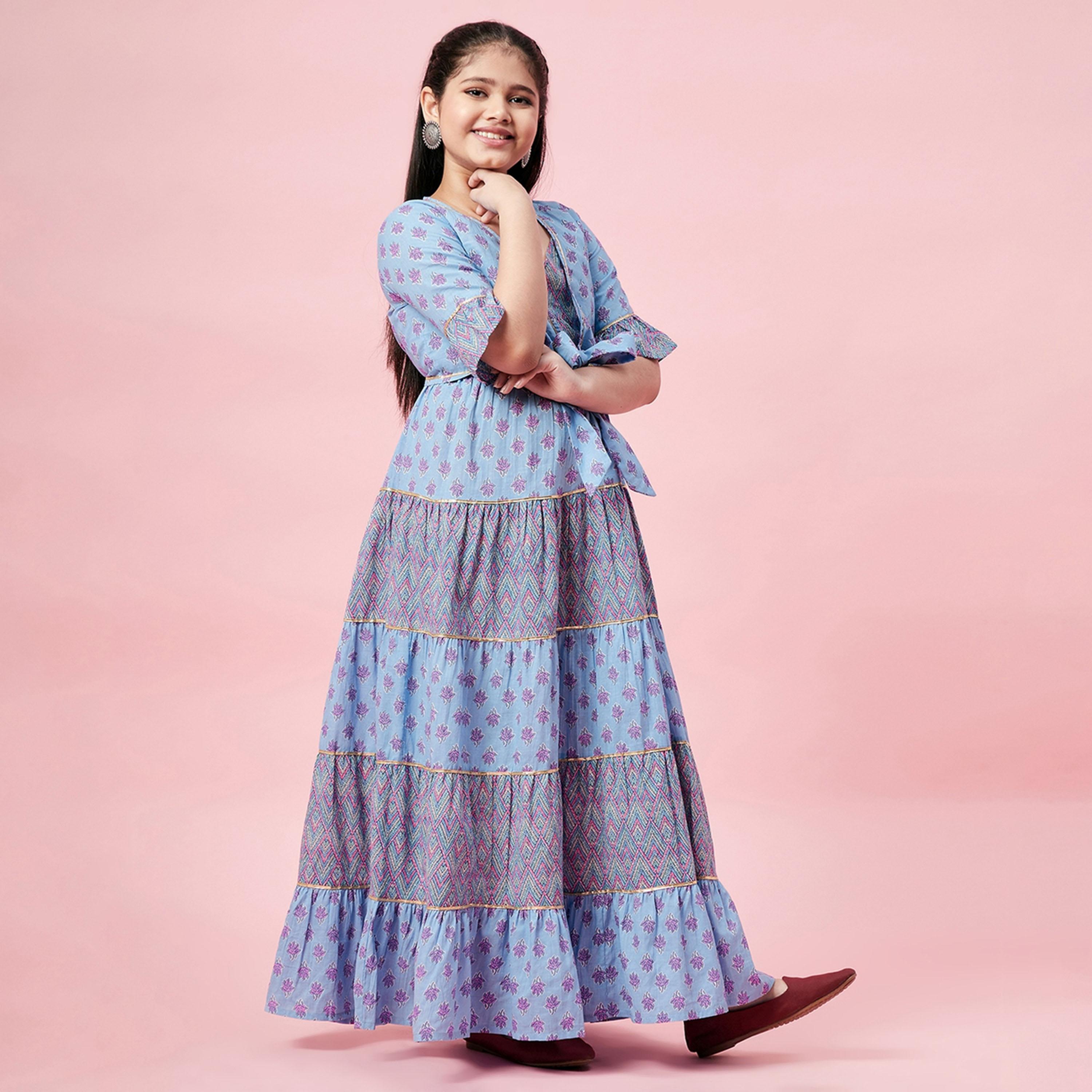 ستايلو باغ × ستايلي - فستان بناتي مطبوع بطول الكاحل - أزرق-girls-clothing-dressesandjumpsuits-image-4