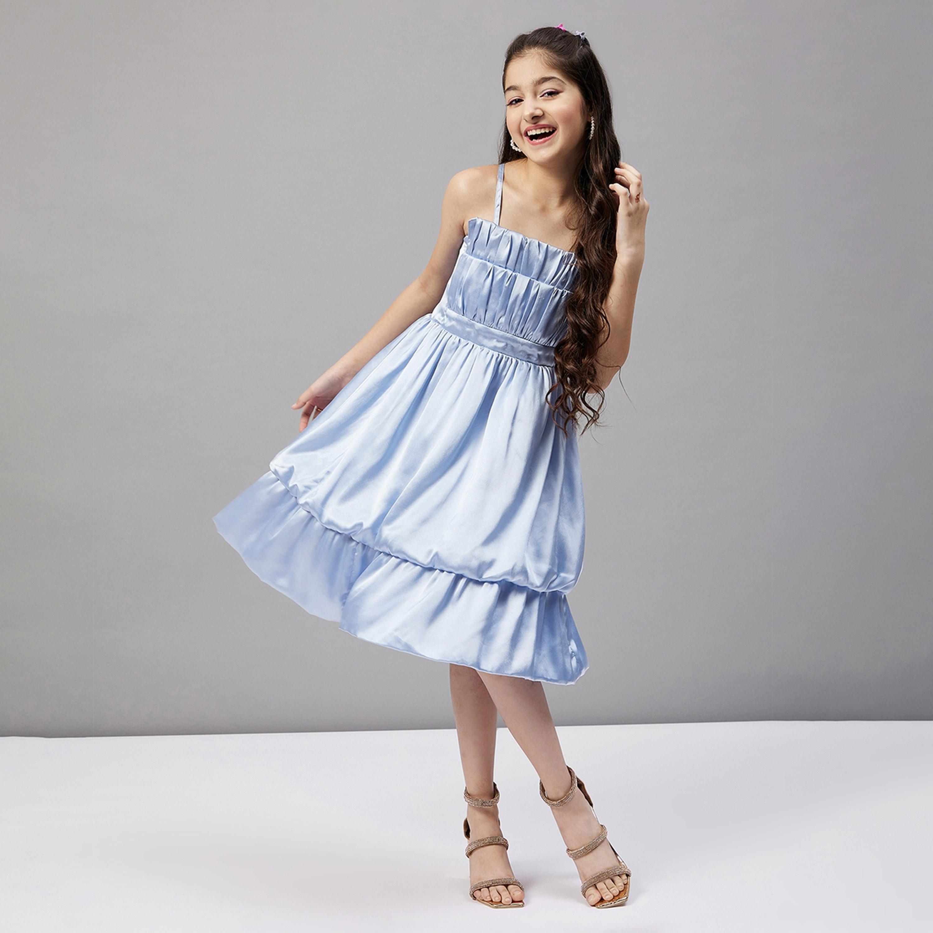 Stylo Bug X Styli Girls Knee Length Solid Dress - Blue-girls-clothing-dressesandjumpsuits-image-2
