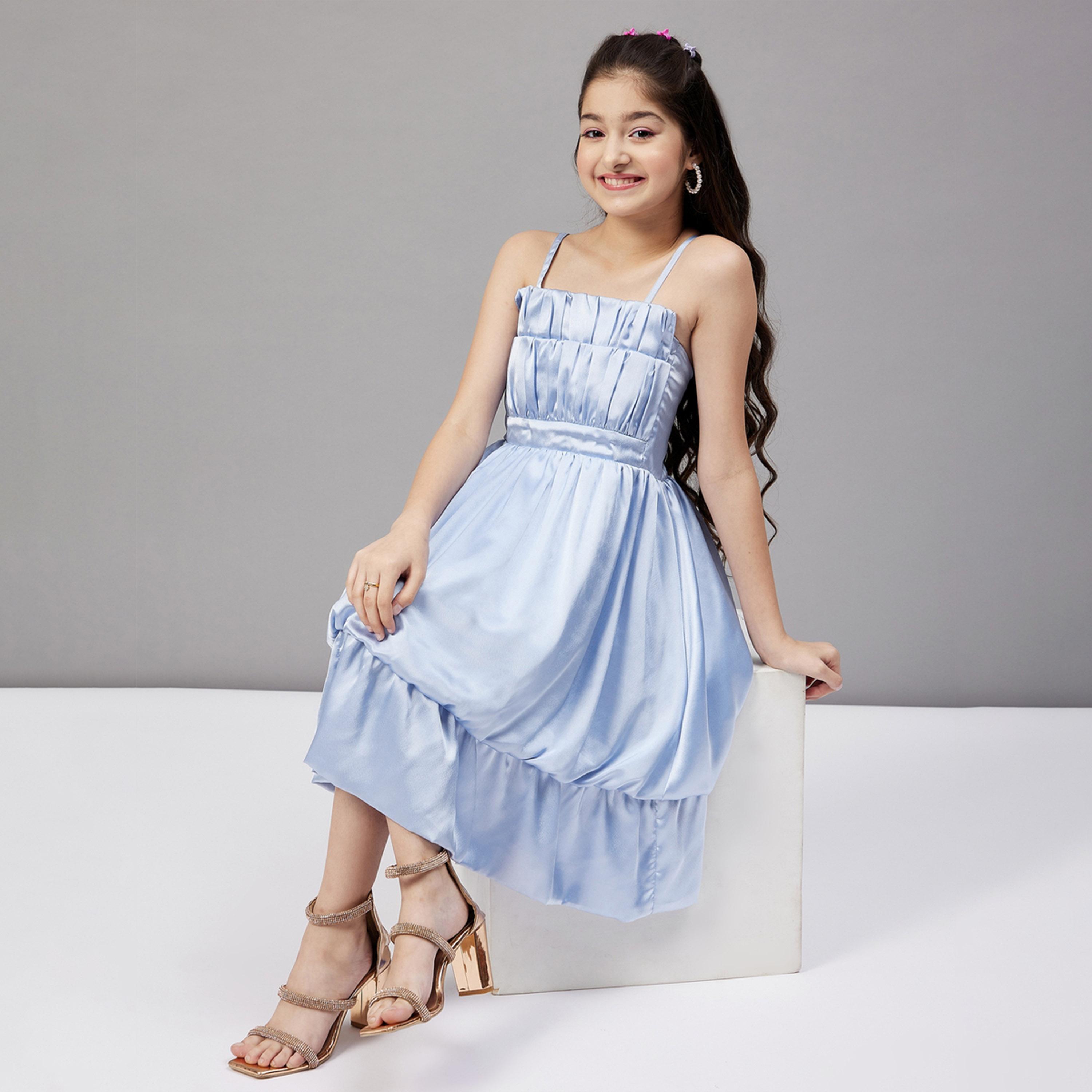 Stylo Bug X Styli Girls Knee Length Solid Dress - Blue-girls-clothing-dressesandjumpsuits-image-7