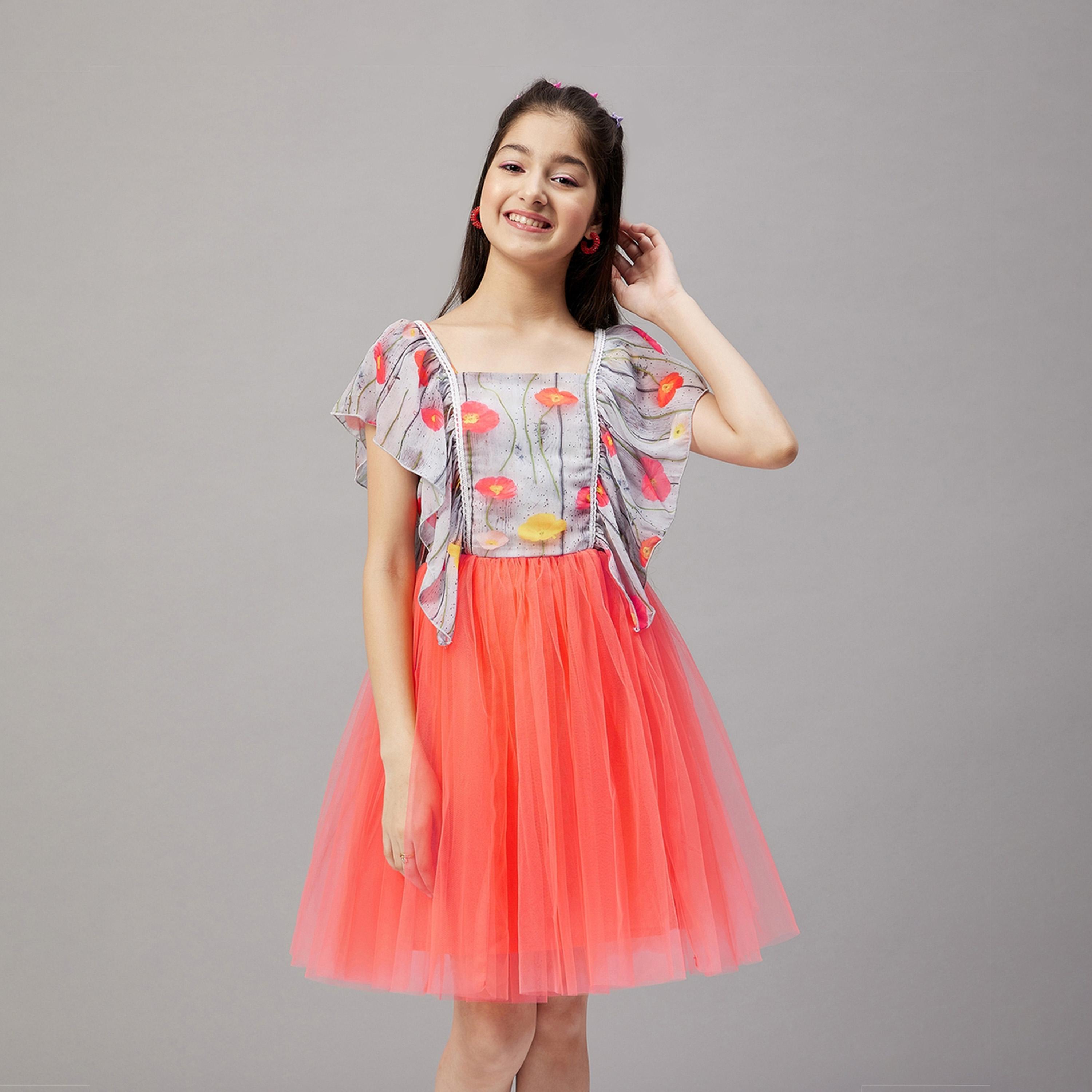 Stylo Bug X Styli Girls Knee Length Printed Dress - Orange-girls-clothing-dressesandjumpsuits-image-1