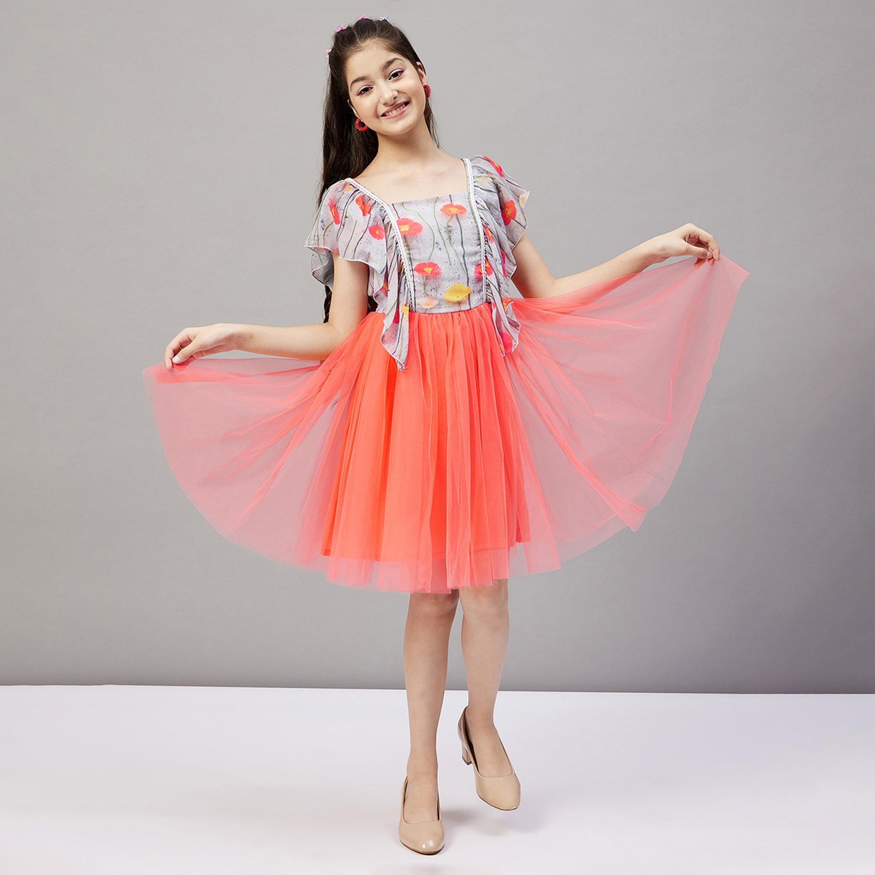ستايلو باغ × ستايلي - فستان مطبوع بطول الركبة للبنات - برتقالي-girls-clothing-dressesandjumpsuits-image-2