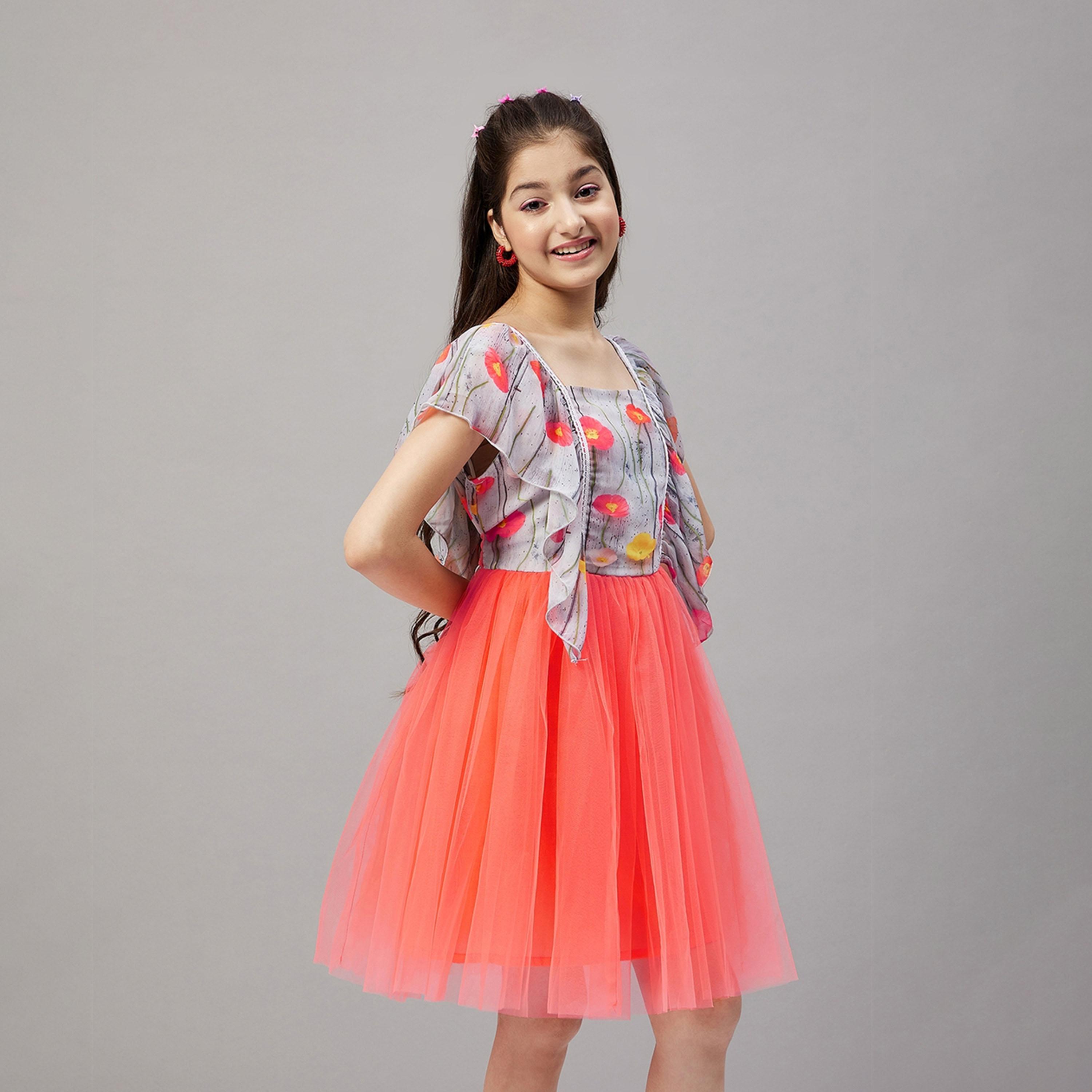 ستايلو باغ × ستايلي - فستان مطبوع بطول الركبة للبنات - برتقالي-girls-clothing-dressesandjumpsuits-image-4