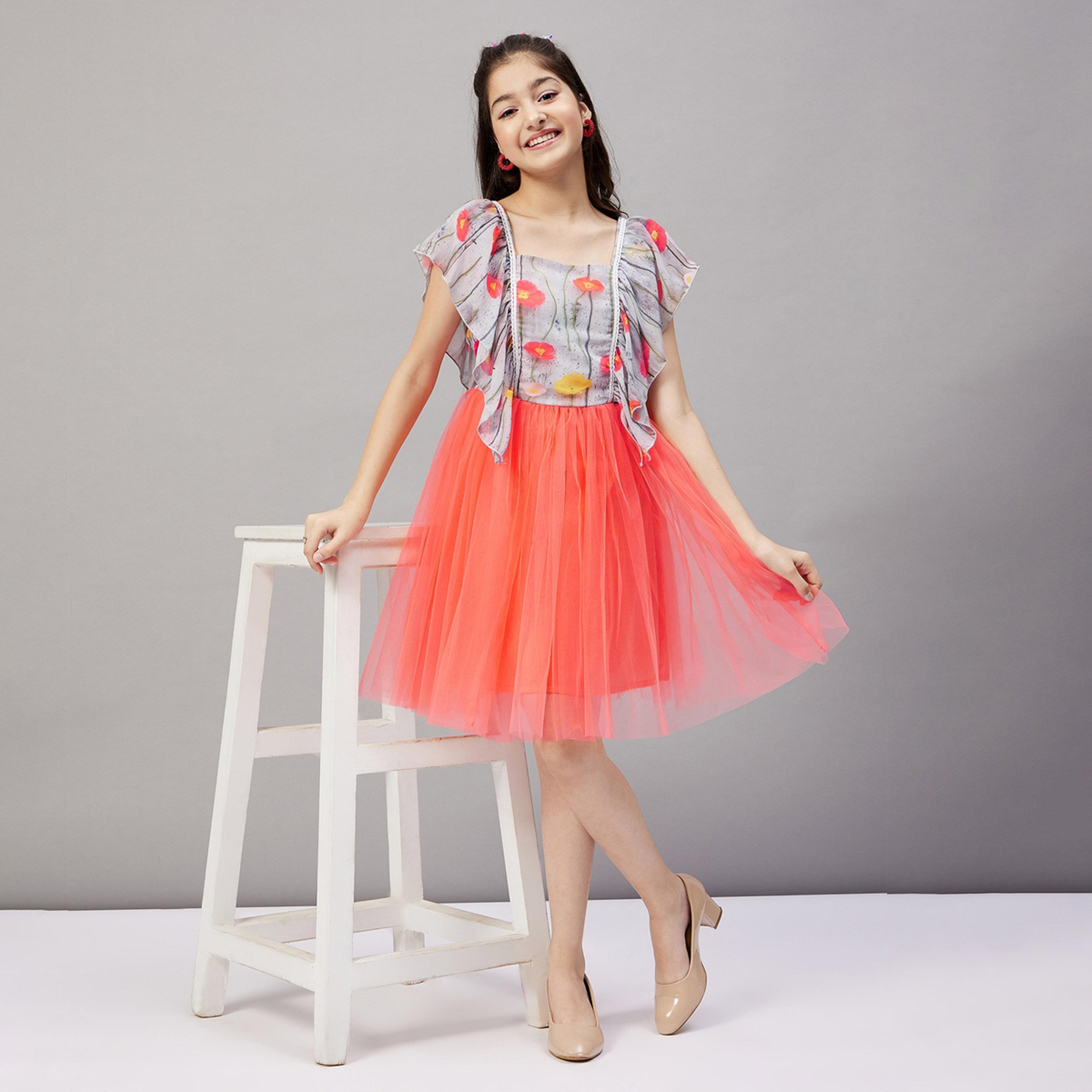 ستايلو باغ × ستايلي - فستان مطبوع بطول الركبة للبنات - برتقالي-girls-clothing-dressesandjumpsuits-image-7