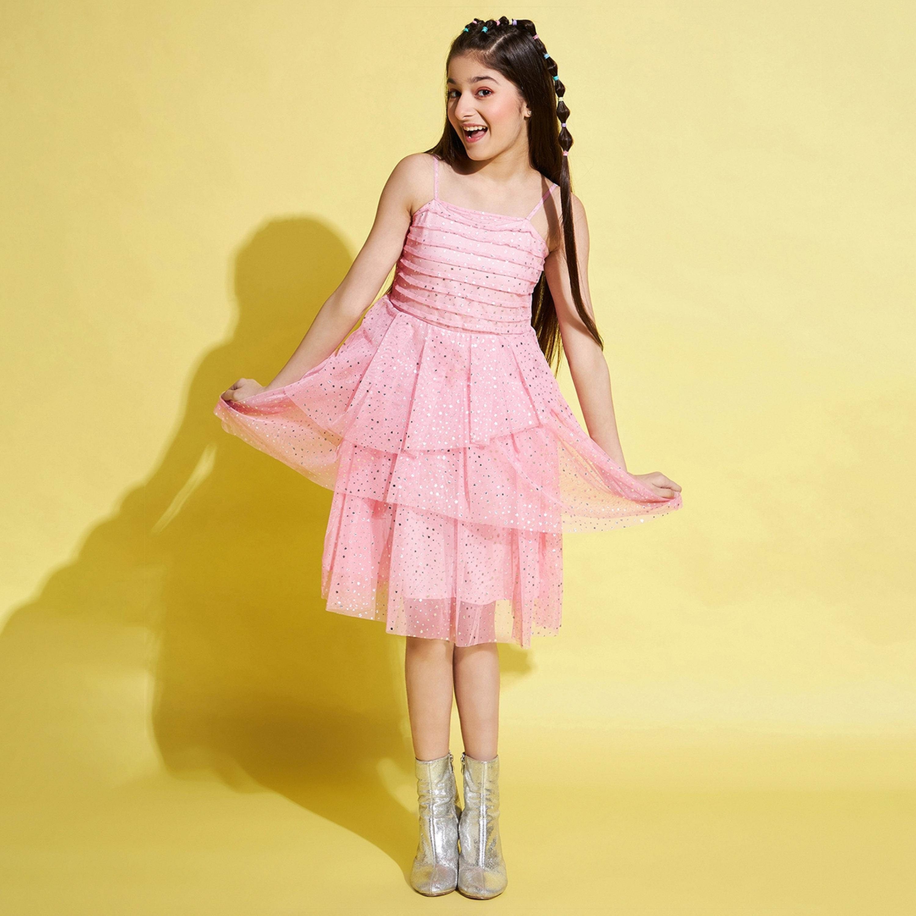ستايلو باغ × ستايلي - فستان مطبوع بالكامل بطول فوق الركبة للبنات - وردي-girls-clothing-dressesandjumpsuits-image-1
