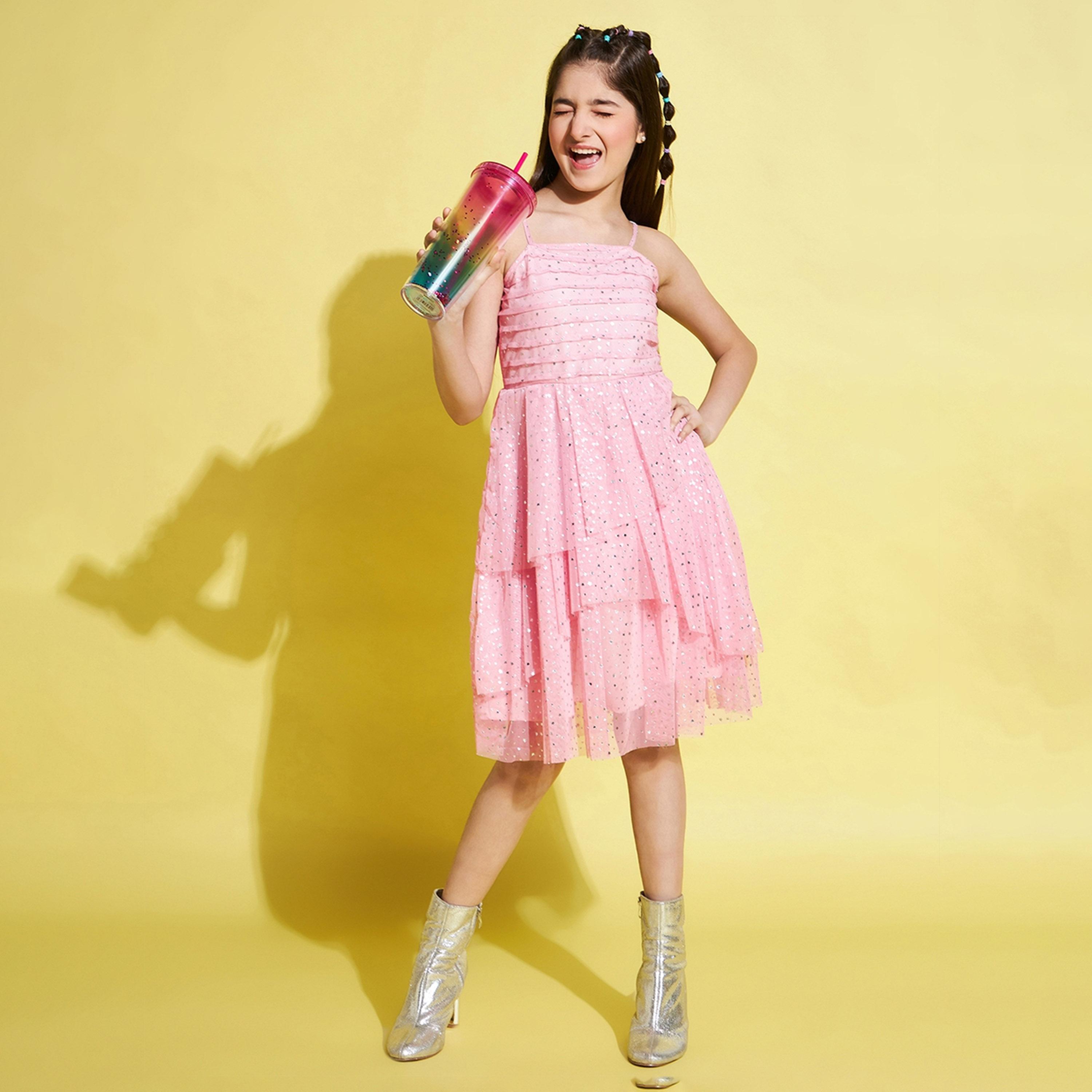 ستايلو باغ × ستايلي - فستان مطبوع بالكامل بطول فوق الركبة للبنات - وردي-girls-clothing-dressesandjumpsuits-image-2