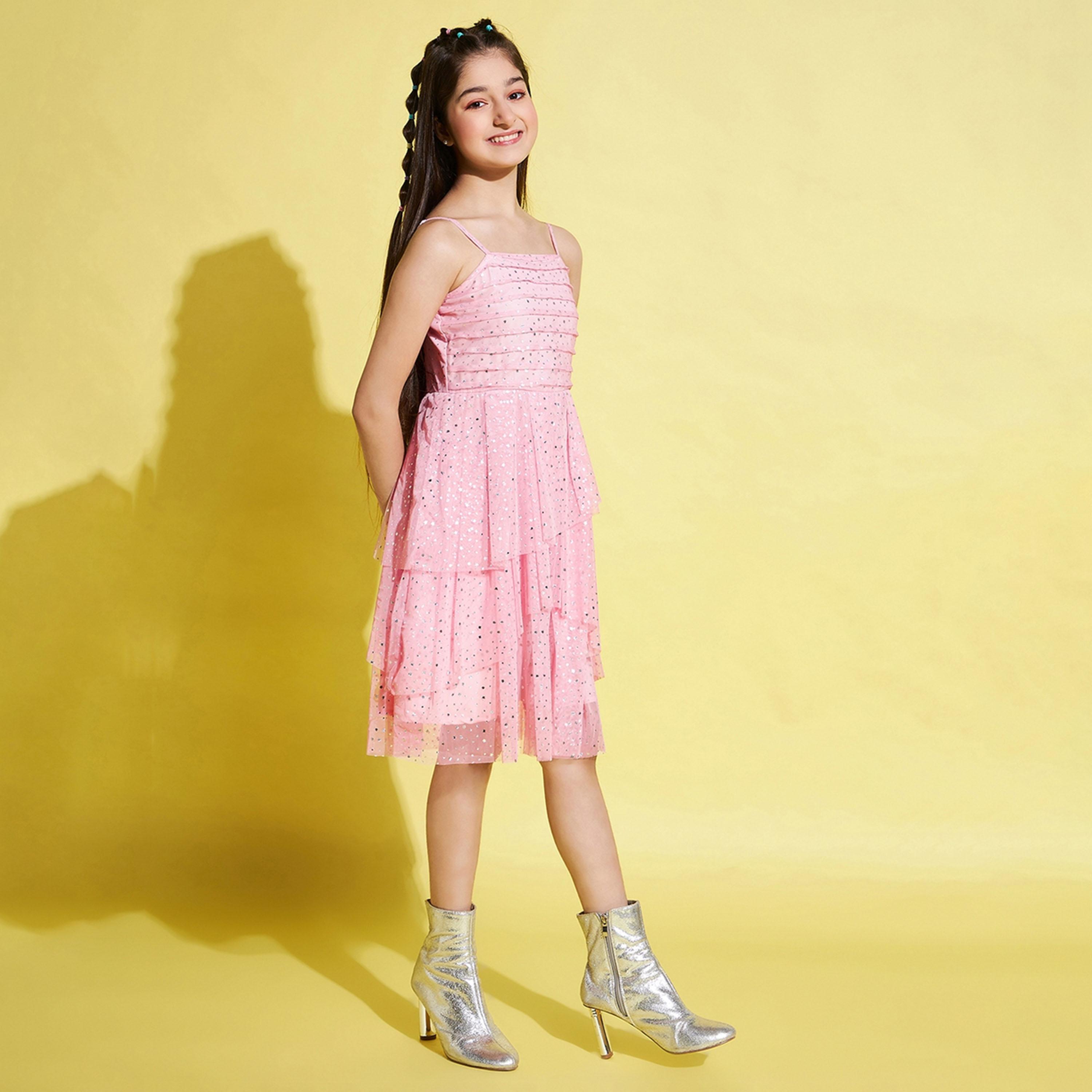 ستايلو باغ × ستايلي - فستان مطبوع بالكامل بطول فوق الركبة للبنات - وردي-girls-clothing-dressesandjumpsuits-image-4