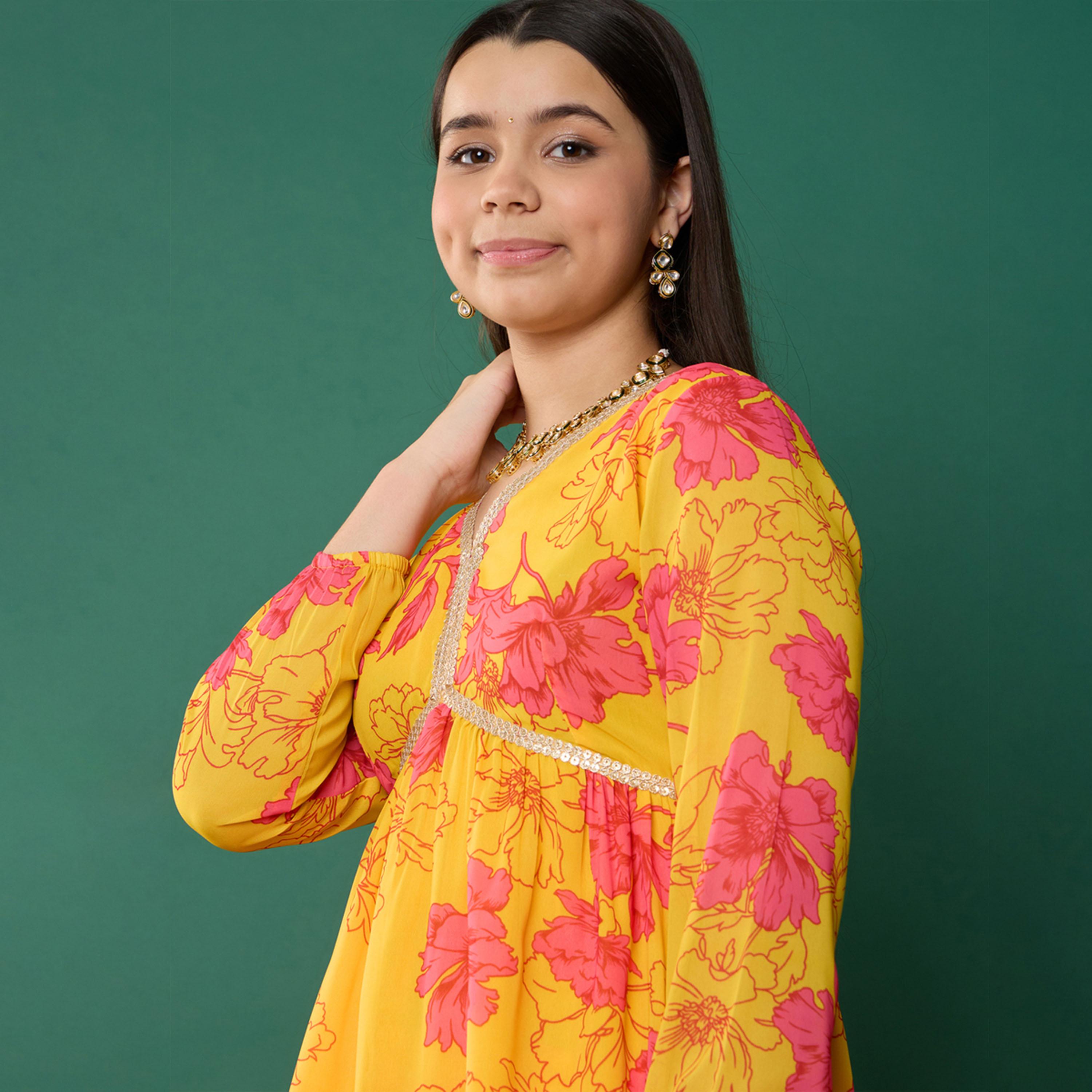 نوه-فوه × ستايلي - بلوزة موردة بتصميم بيبلوم مع بنطال شارارا - أصفر-girls-clothing-setsandcoords-image-4