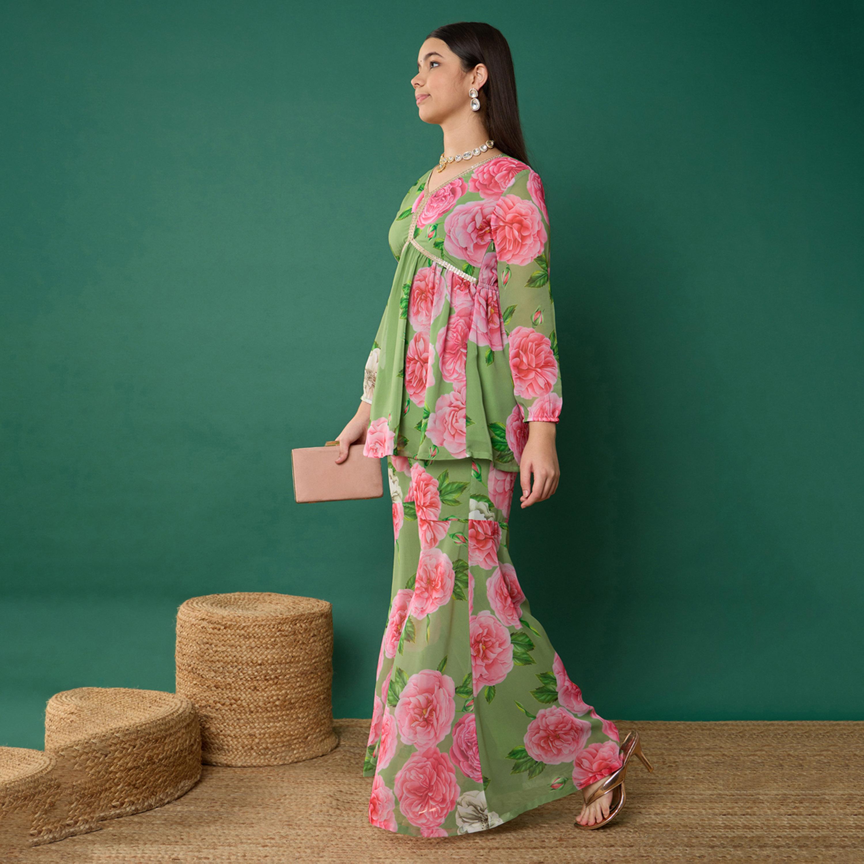 Noh-Voh X Styli Green Floral Peplum Top With Biased Flare Sharara-girls-clothing-setsandcoords-image-3