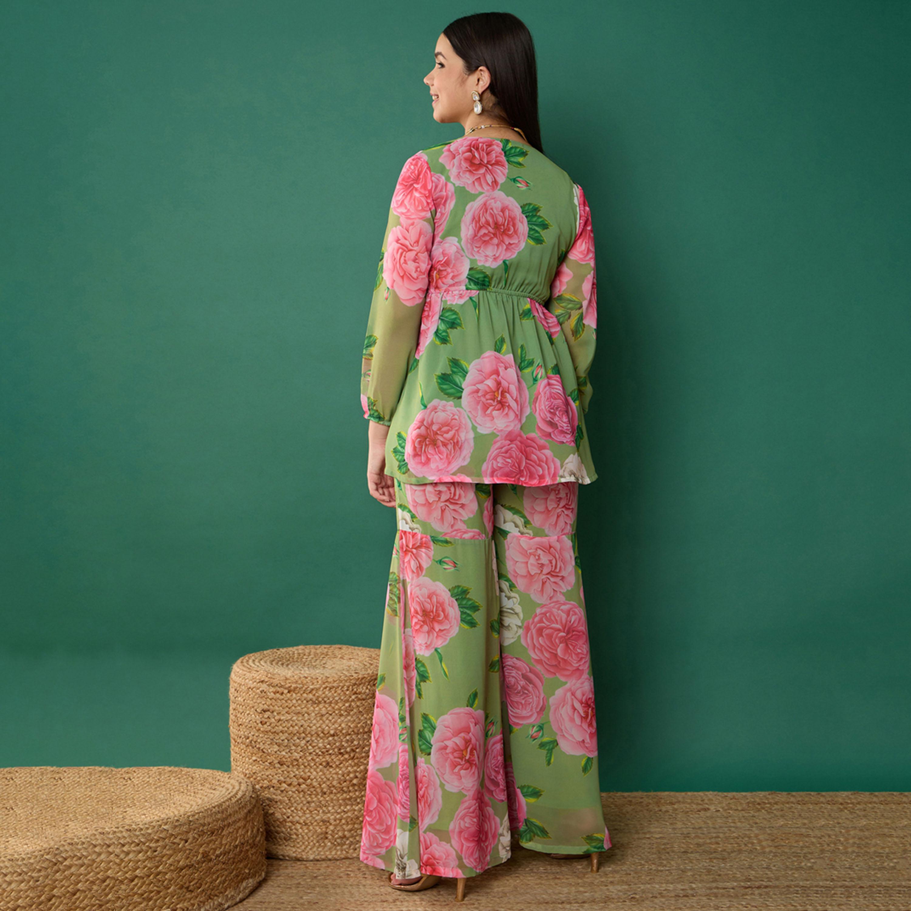 Noh-Voh X Styli Green Floral Peplum Top With Biased Flare Sharara-girls-clothing-setsandcoords-image-6