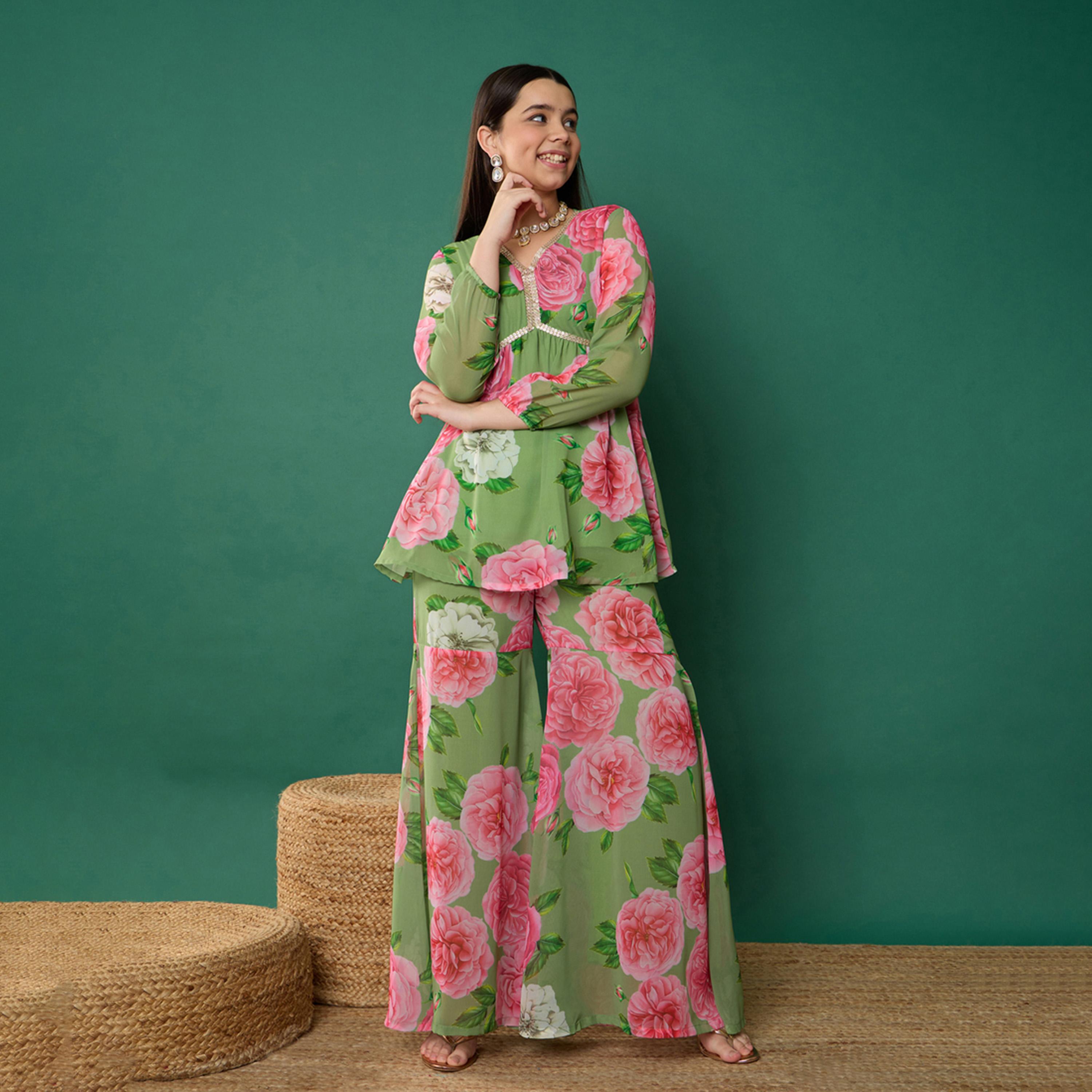 Noh-Voh X Styli Green Floral Peplum Top With Biased Flare Sharara-girls-clothing-setsandcoords-image-8