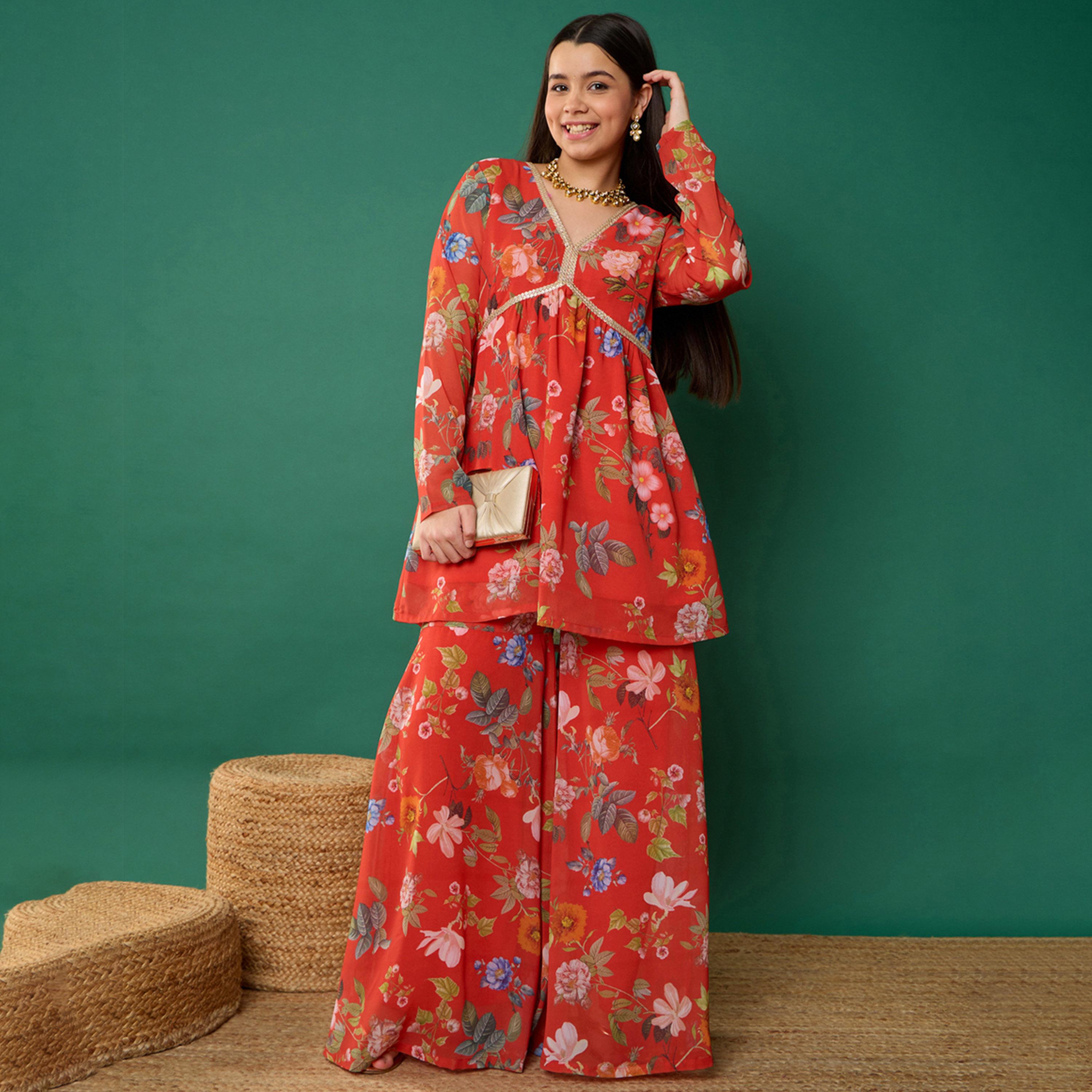 Noh-Voh X Styli Red Floral Peplum Top With Biased Flare Sharara-girls-clothing-setsandcoords-image-1
