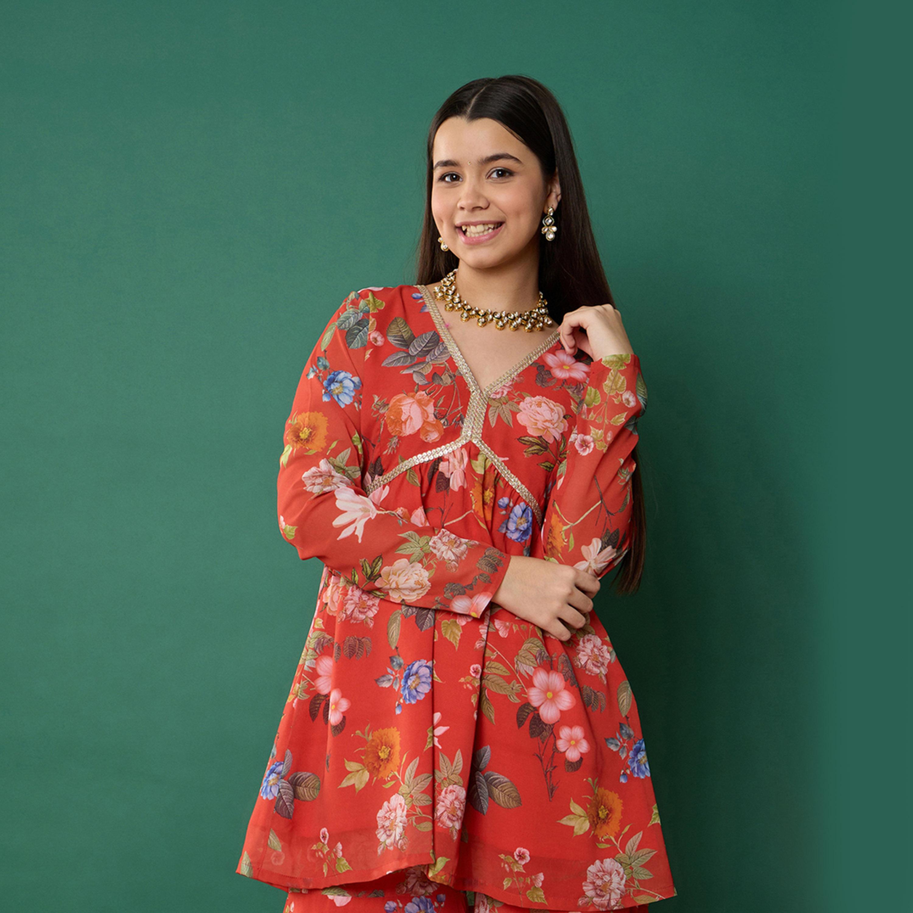 Noh-Voh X Styli Red Floral Peplum Top With Biased Flare Sharara-girls-clothing-setsandcoords-image-2