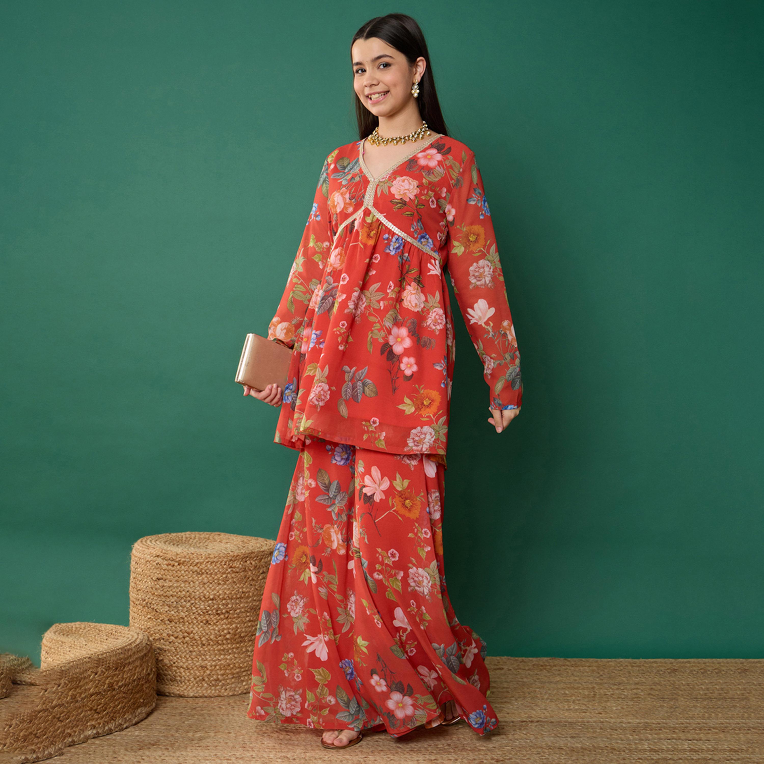 Noh-Voh X Styli Red Floral Peplum Top With Biased Flare Sharara-girls-clothing-setsandcoords-image-3