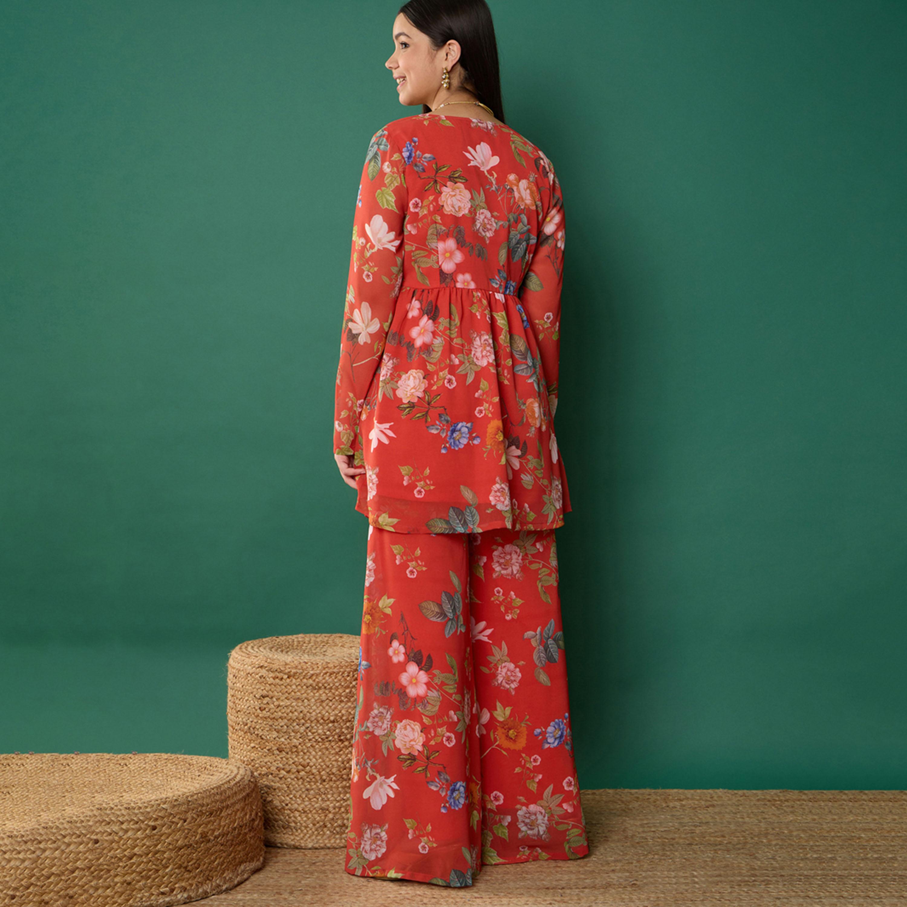 Noh-Voh X Styli Red Floral Peplum Top With Biased Flare Sharara-girls-clothing-setsandcoords-image-6